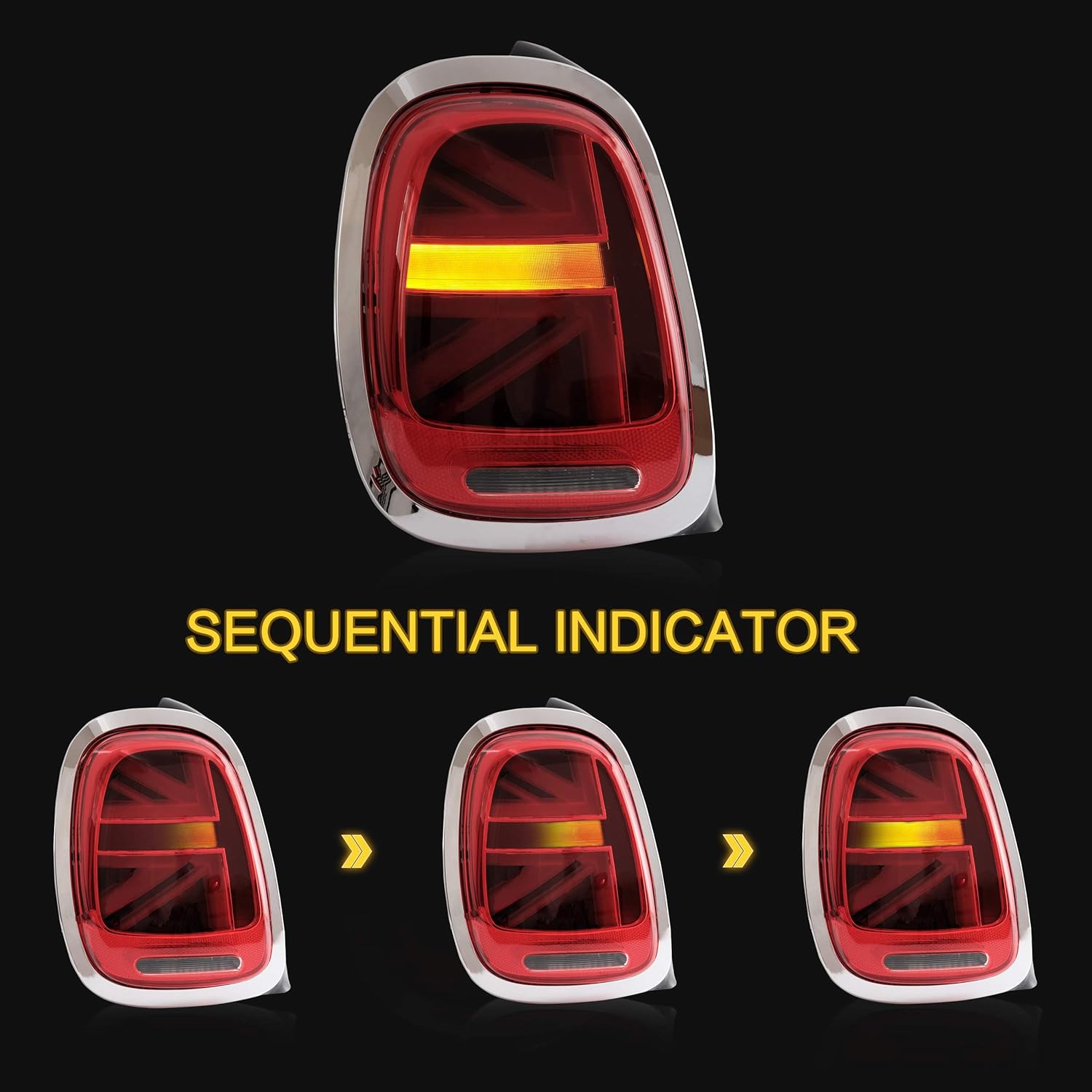VLAND Tail lights Assembly Fit for BMW Mini Cooper F55 F56 F57 2014-2022, Union Jack Rear Lamp with DRL, Back light w/Sequential Turn Signal, Plug-and-play, Chromed Housing Red Lens