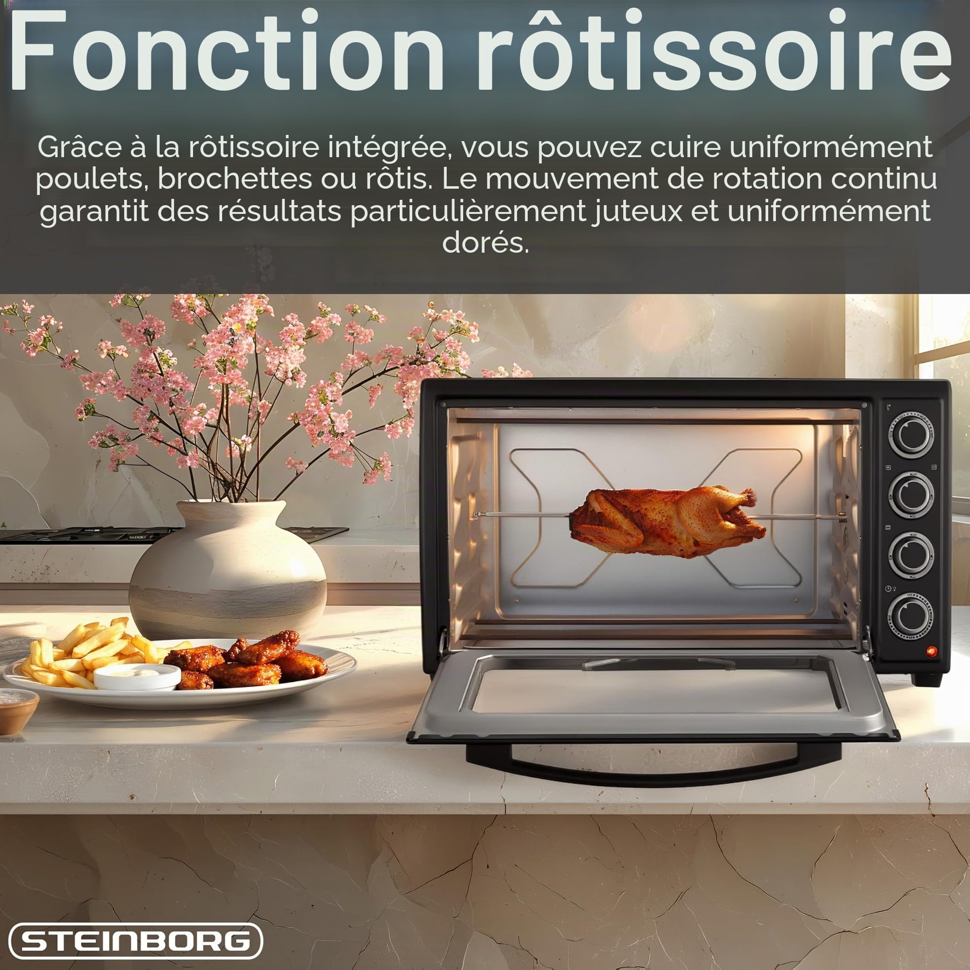 Steinborg® Mini four à pizza 3 en 1 3 en 1 avec chaleur tournante et tournebroche, 2000 W, taille XXL, 100 à 230 °C, minuterie 60 min, chaleur de voûte/sole et convection, four à pizza 3 en 1, avec
