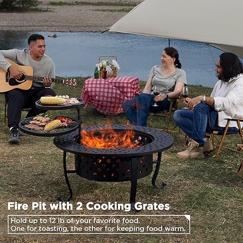 Miniatura 3 de Fogatas al aire libre, hoguera de leña con 2 parrillas y tapa, mesa redonda de metal para hoguera, patio, jardín, campamento, playa (36 pulgadas)