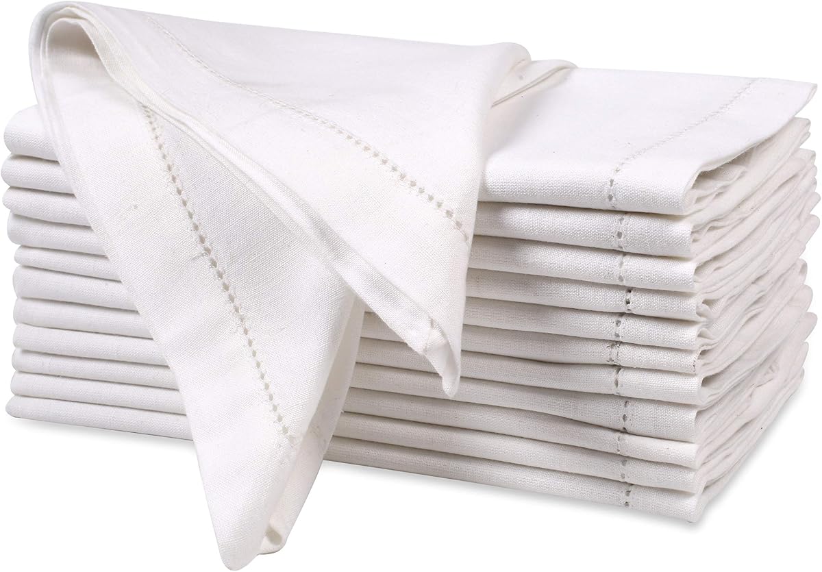 Ramanta Home Juego de servilletas de tela de lino de 12 20 x 20 pulgadas - Blanco | Servilleta de cena de mezcla de lino y algodón con vainica, servilletas decorativas reutilizables para bodas, uso diario