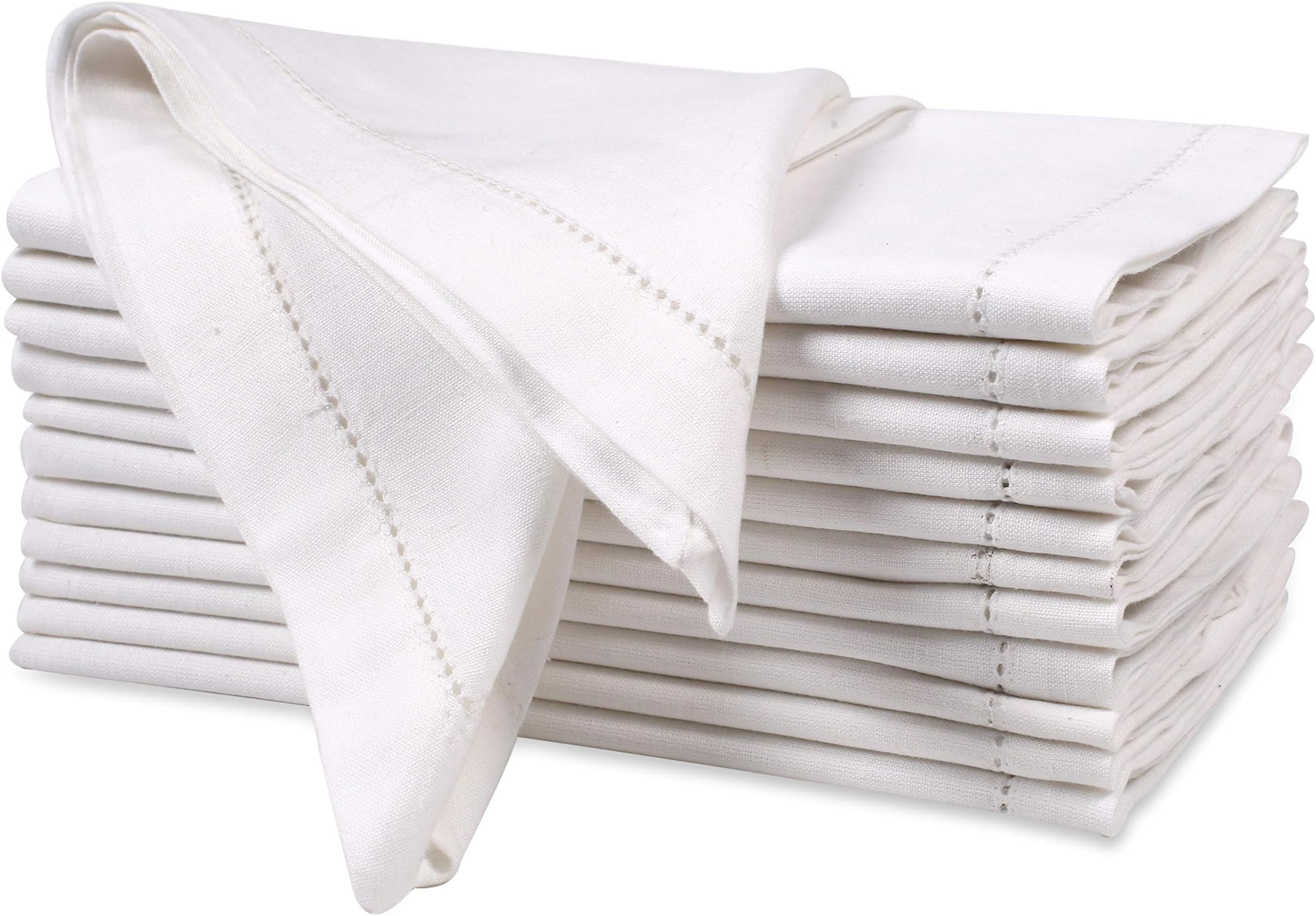 Hemstitched Cloth Dinner Napkins Set of 12 (50x50 CM) White- Cotton Flax Fabric, Machine Washable- Durable Hotel Quality Napkins