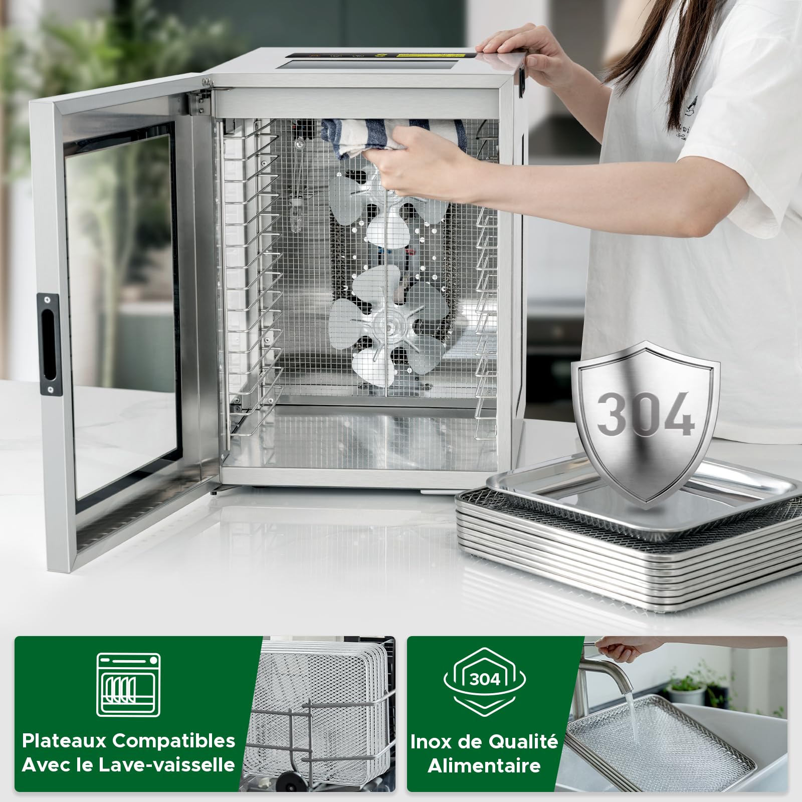 Kwasyo Deshydrateur Alimentaire en Acier Inoxydable 15 plateaux, 1200W à Double Ventilateur pour Jerky, Friandises pour Chiens, Fruits, Herbes, Viande, Surveillance Multi-Fenêtres Séchage Puissant