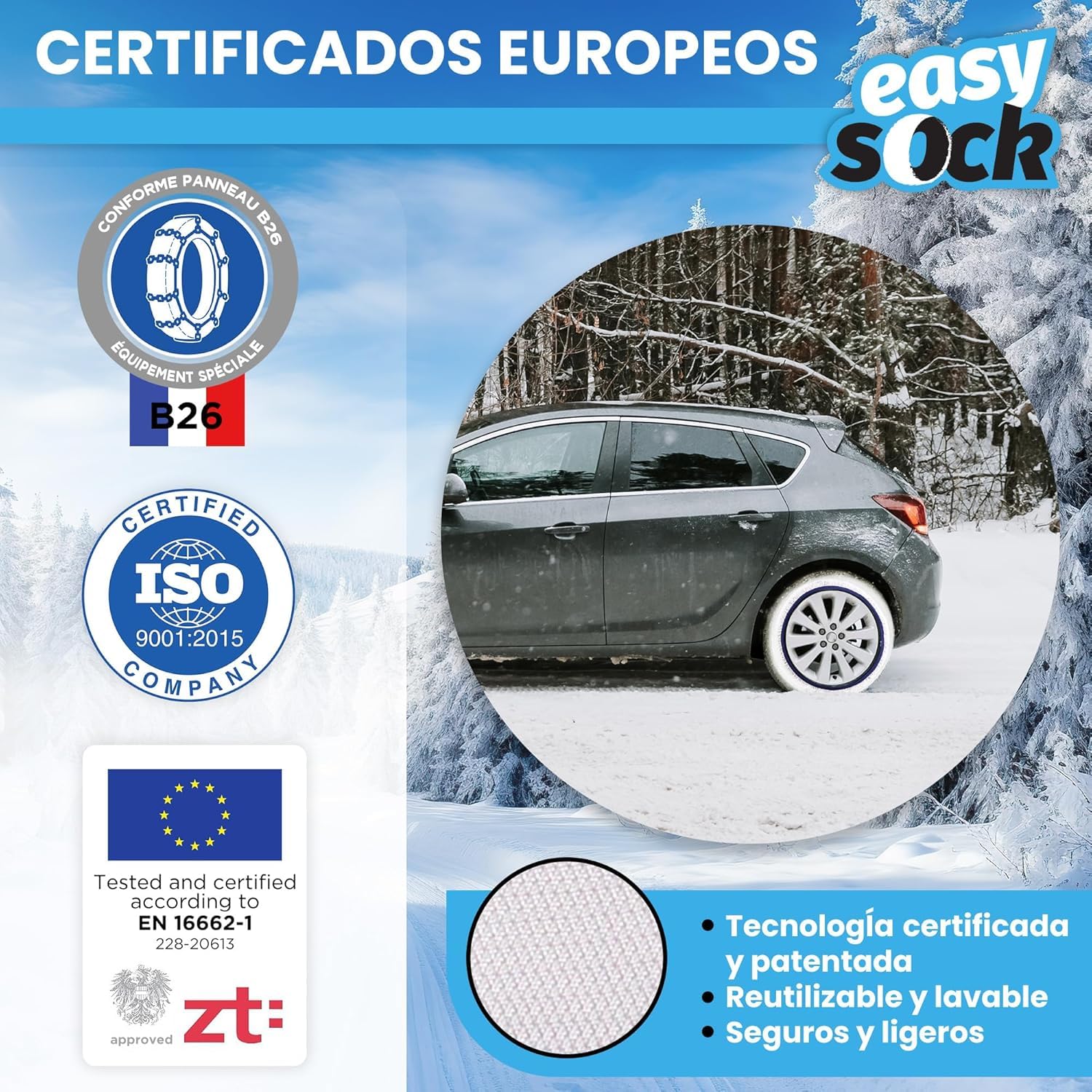 Cadenas Coche Nieve Easy Sock Homologación EN 16662-1 y alta seguridad. Talla XL. Cadenas Nieve Téxtiles Fáciles de Instalar - Cadenas Nieve Coche Antideslizantes y Resistentes - Kit de 2 Cadenas