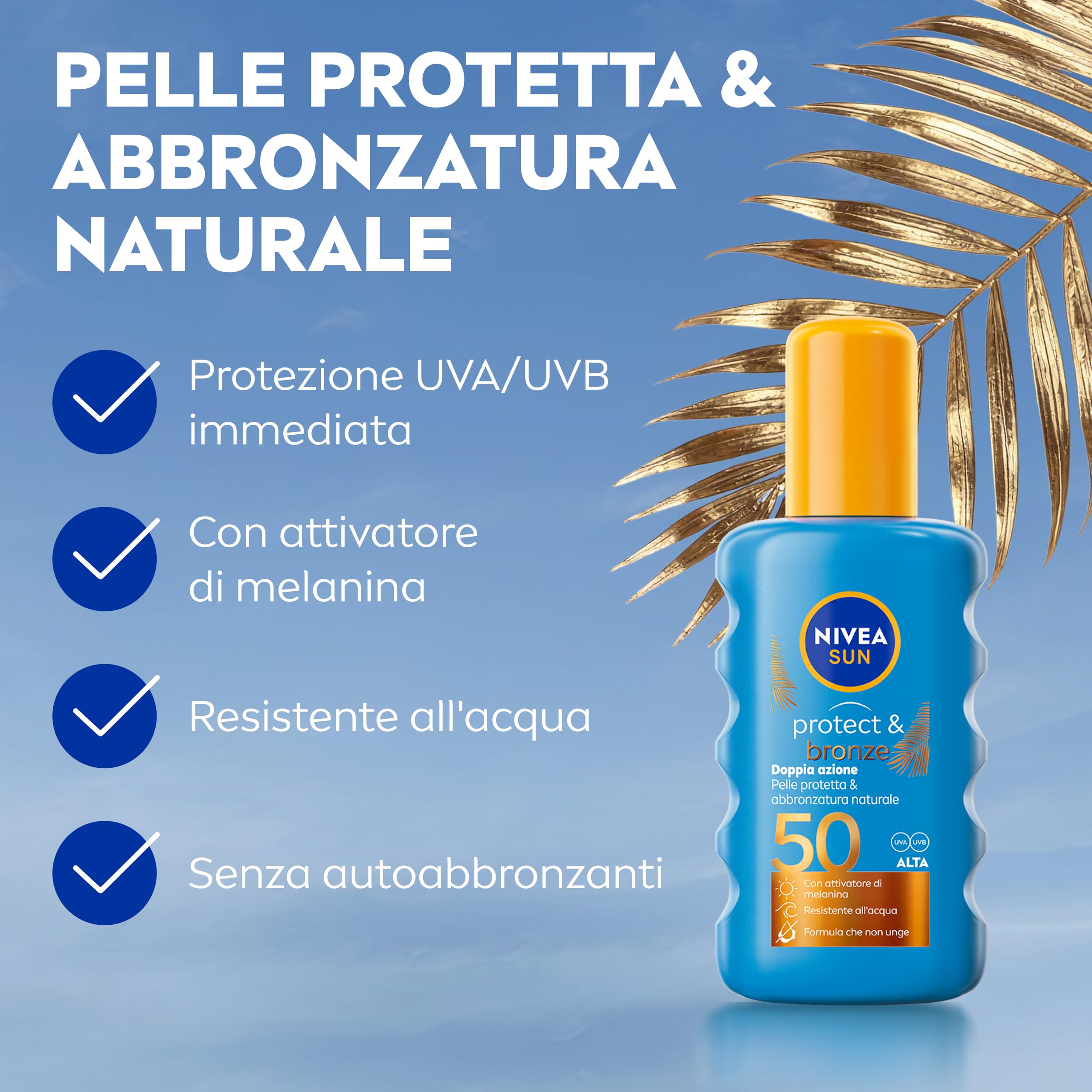 NIVEA SUN Spray Protect & Bronze SPF 50 200 ml, Crema solare 50 spray abbronzante corpo, Protezione solare 50 con attivatore di Melanina acceleratore abbronzatura, Resistente all'acqua, Non unge
