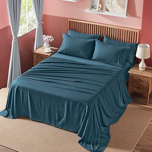 Vista 7 de Homiest Juego de sábanas de bolsillo extra profundo, 6 piezas suaves de color verde azulado oscuro, sábanas de bolsillo profundo de 18 a 24