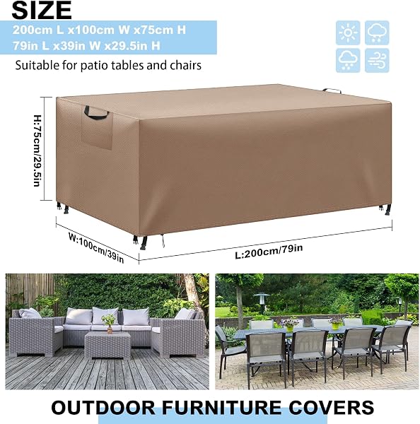 Copertura Tavolo Esterno Impermeabile,Panno 420D Oxford Impermeabile Copertura,Tavoli e Sedie da Cortile Raggi UV, Quadrato Resistente Allo Strappo Copertura Tavolo (Kaki, 200x100x75cm) - 3