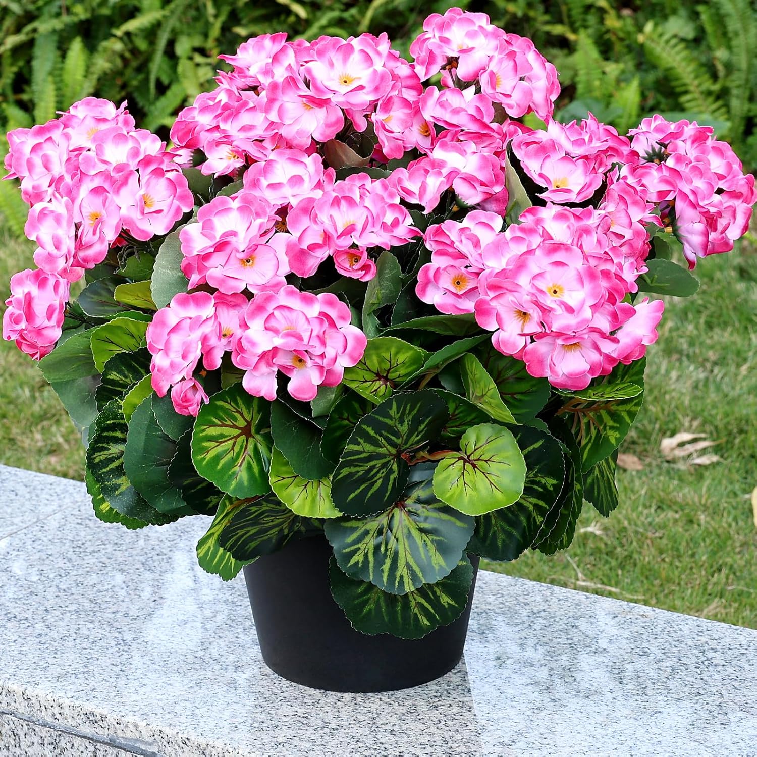 Set of 2 Artificial Flowers Potted for Outdoor, Pre-Made Faux Geranium Plants in Pots UV Resistant Pink Silk Fake Flower Large Potted Plant for Gardens Yards Patios Paths Home Decor - Pink