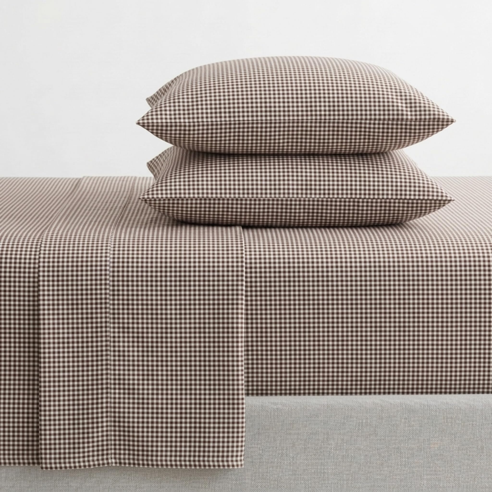 Martha Stewart - Twin Sheet Set with Fitted Sheet &amp; Pillowcase, Cotton Percale Bedding with a Smooth Feel, Deep Pocket, Gingham Brown
