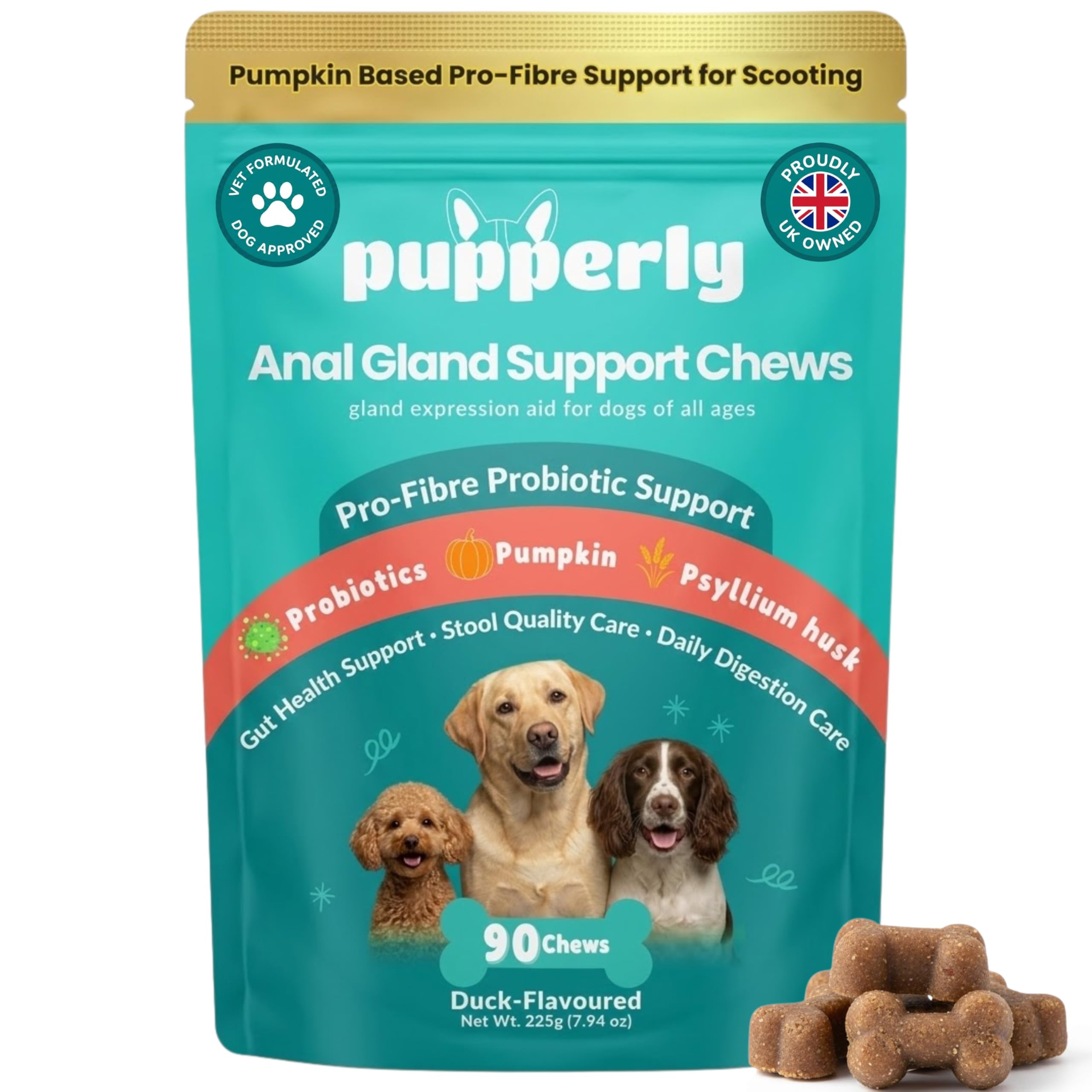Premium Dog Anal Gland Support Chews - Psyllium Husk High Fibre Supplement with Pumpkin Powder, Probiotics for Dogs - Digestive Care for Scooting and Constipation - Duck Flavour - 90 chews