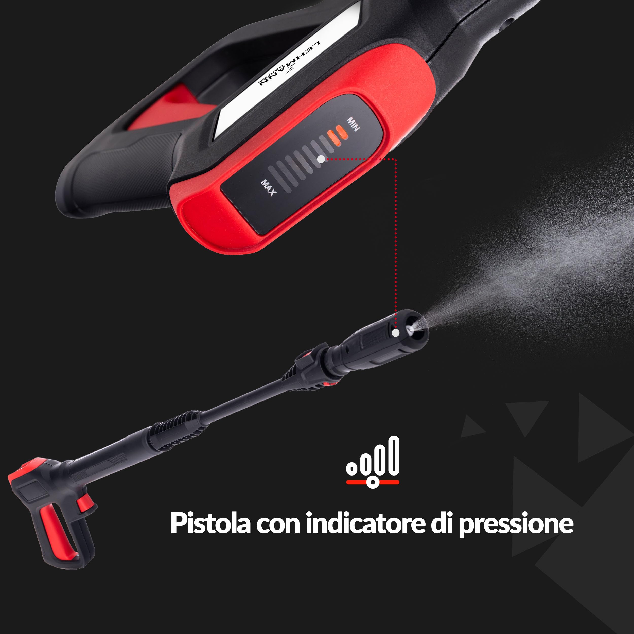 LEHMANN Denver Idropulitrice, 2200 W, max. 240 bar, Portata 480 l/h, Raggio d'azione 15 m, Pompa in alluminio, Lancia Schiuma, Ugello Regolabile et Turbo, per Auto, Esterni di Casa, Nero/Rosso