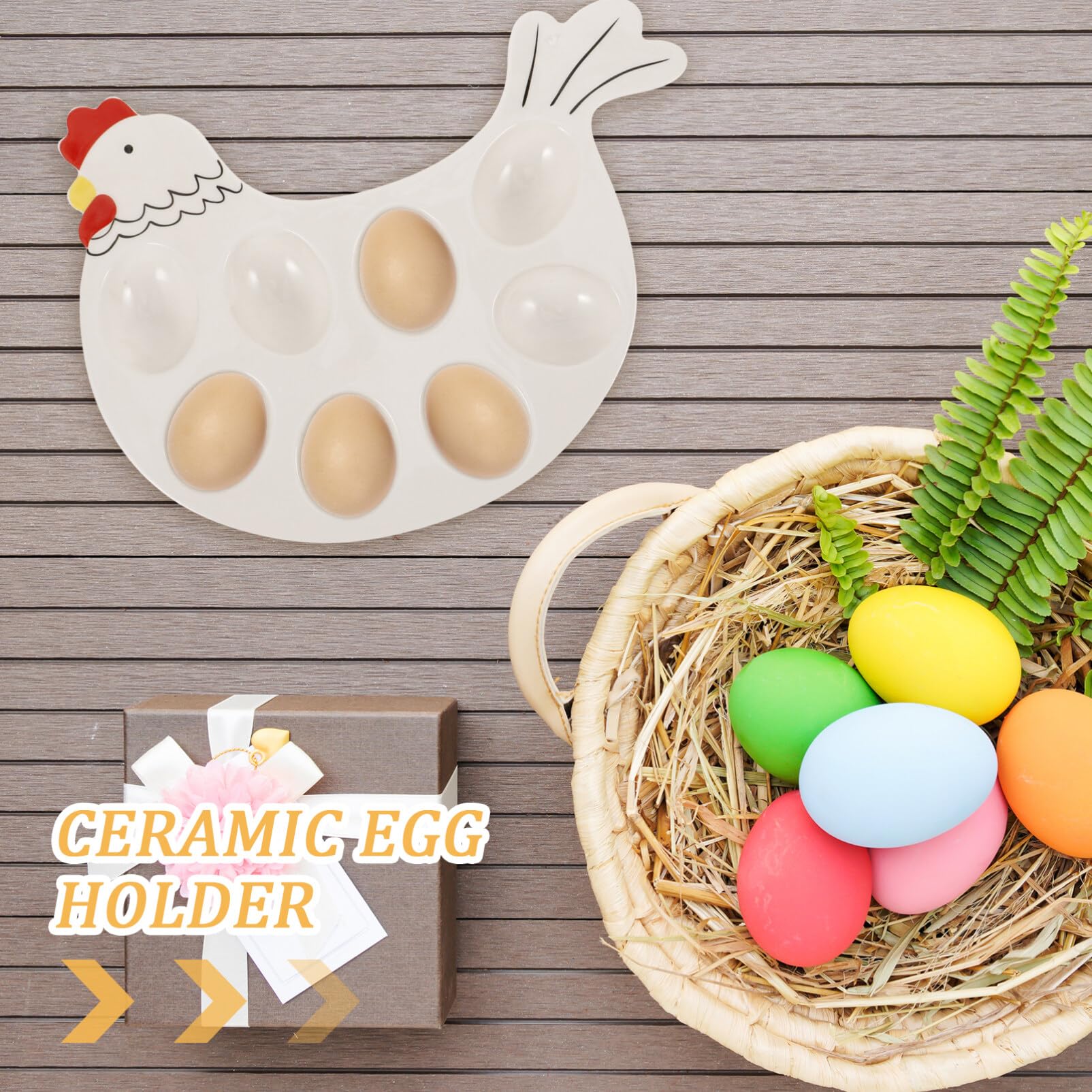Alipis Easter Deviled Egg Plates: 8 Eggs Ceramic Chicken Eggs Platter Hen Shape Egg Holder Container Decorative Boiled Egg Tray for Refrigerator Kitchen Countertop