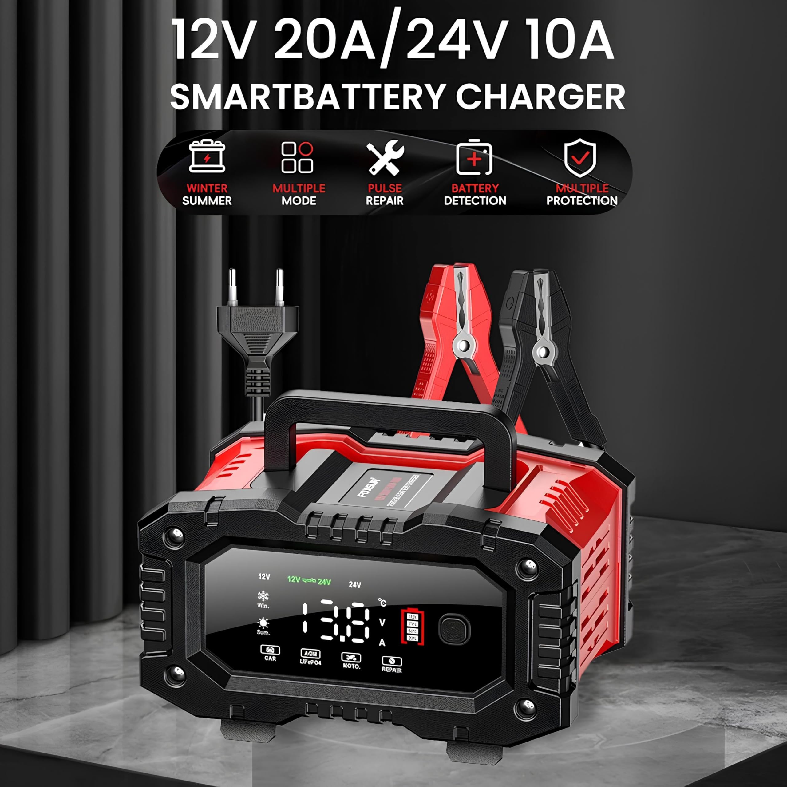 Cargador Baterias Coche - 12V 20A / 24V 10A Cargador de Batería Coche y Moto, con Pantalla LCD, para Automóviles Motocicletas, AGM, Gel, LiFePo4