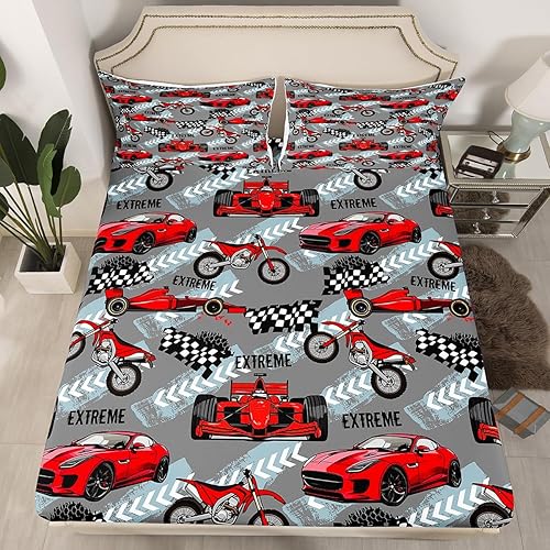 Miniatura 2 de Erosebridal Sábana bajera ajustable de auto de carreras rojo tamaño individual para niños, sábanas de motocross de dibujos animados, sábanas para