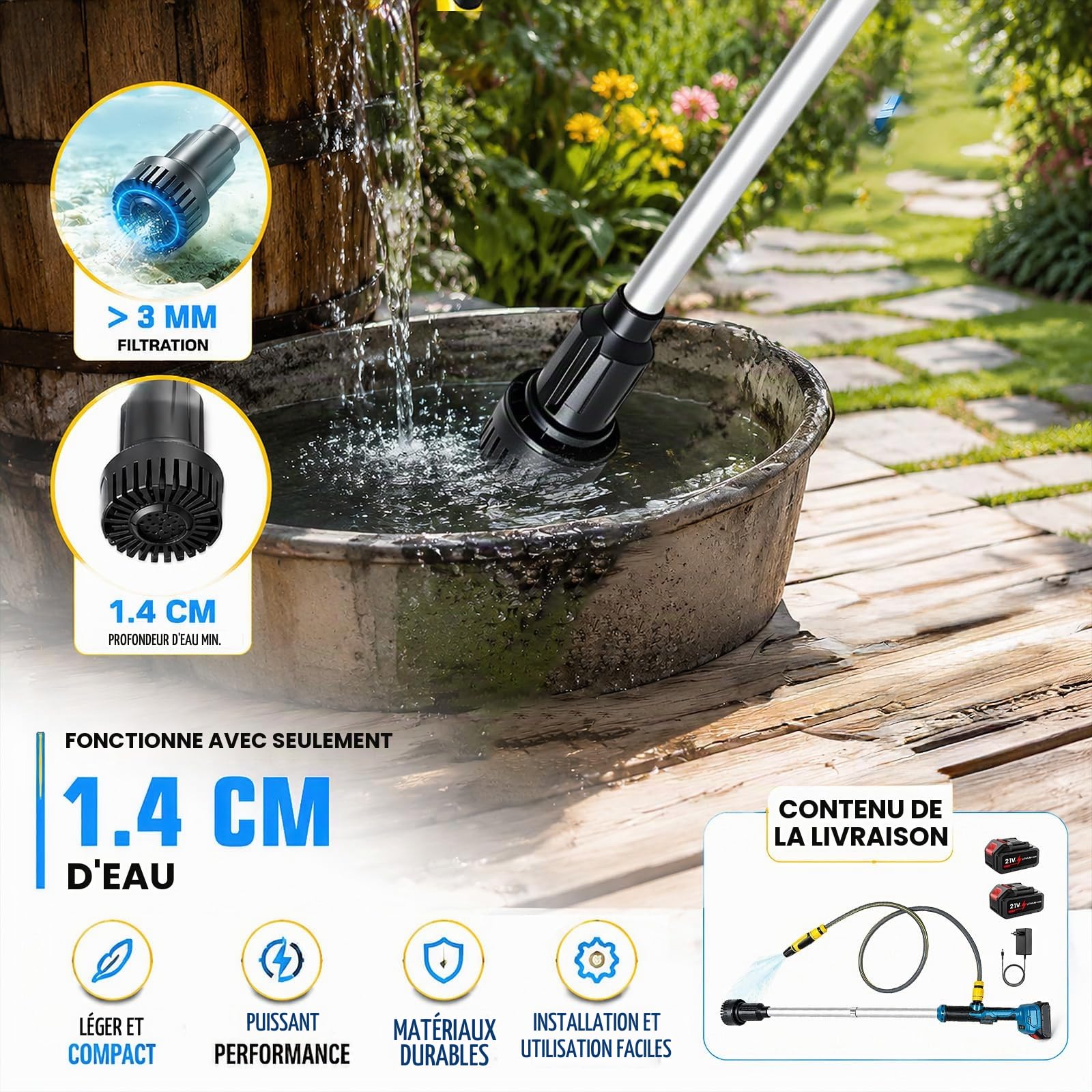Pompe à eau submersible sans fil pour batterie Makita 18 V, max. 3000 l/h, hauteur de refoulement de 6 m, pompe à eau domestique sans fil pour citernes, irrigation de jardin (0 piles)
