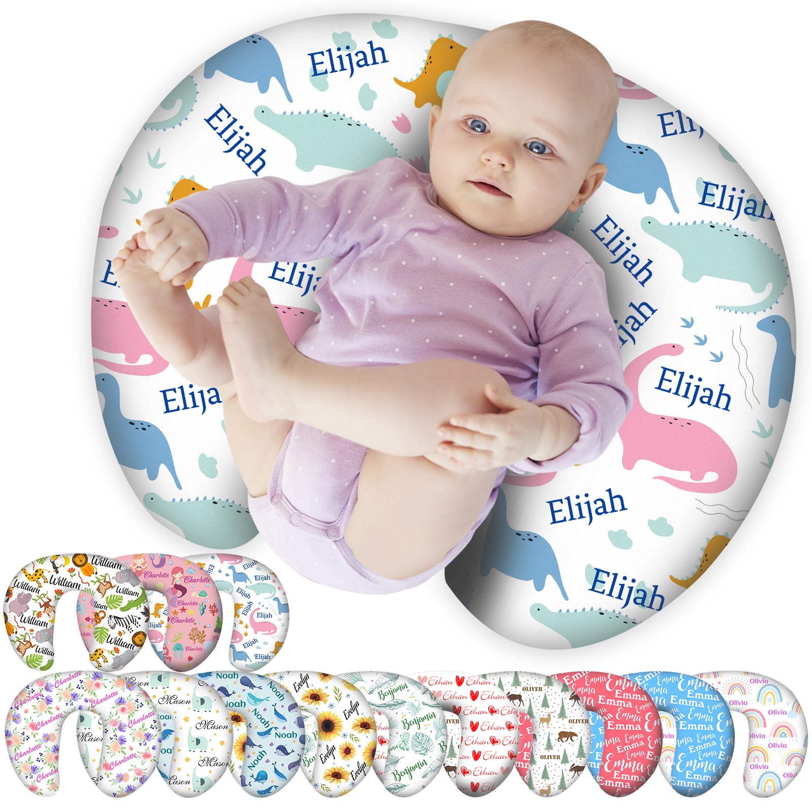 Personalised Nursing Pillow Cover Custom Baby Pillow Case with Name for Girl Boy Newborn Breastfeeding Pillow White-dinosaur