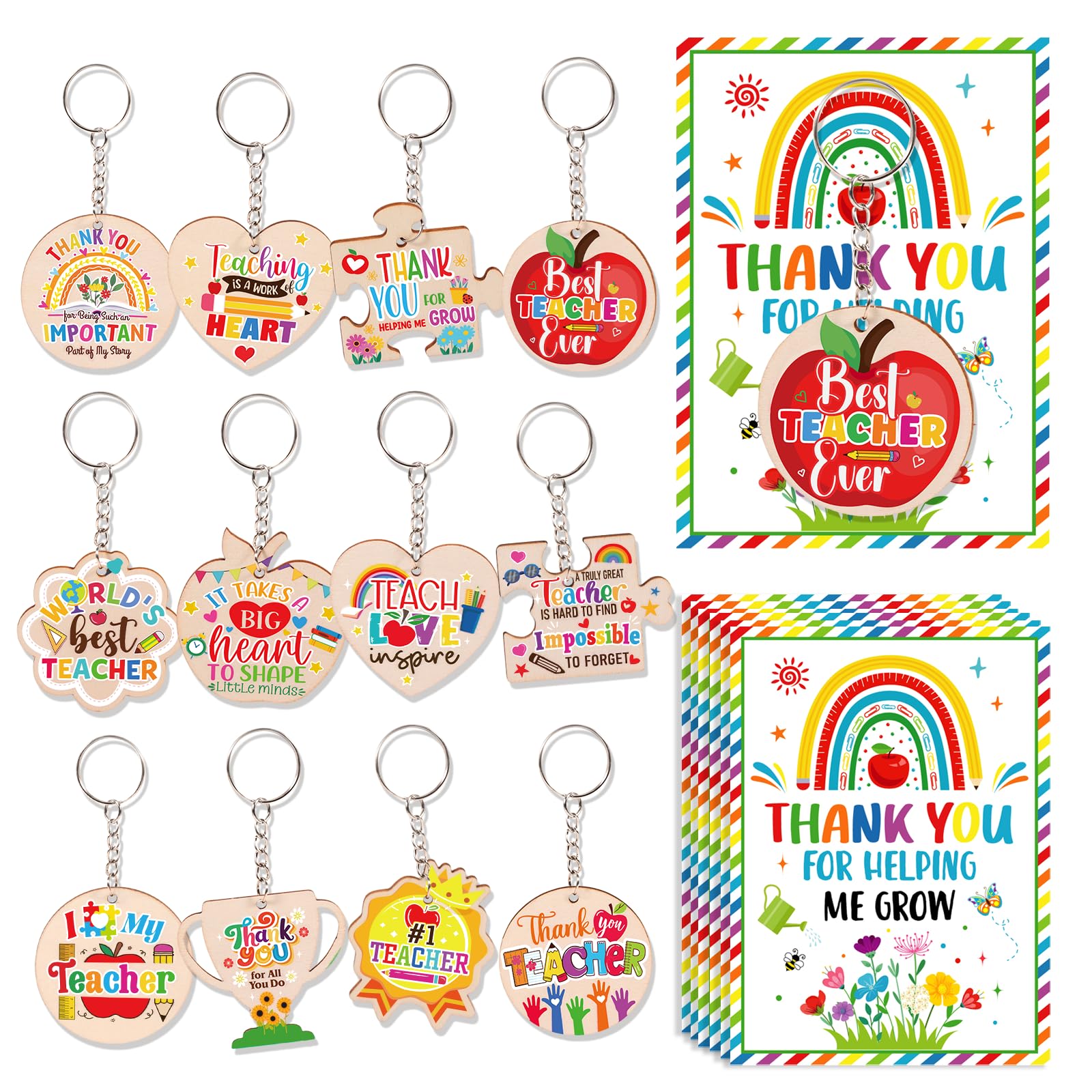 HOWAF 12PCS Teacher Keyrings Multipack, Wooden Thank You Teacher Gifts Keychain & Cards, Thank You Gifts for Teachers, Teaching Assistant, Teachers Leaving Gift, Appreciation Gift, Set A