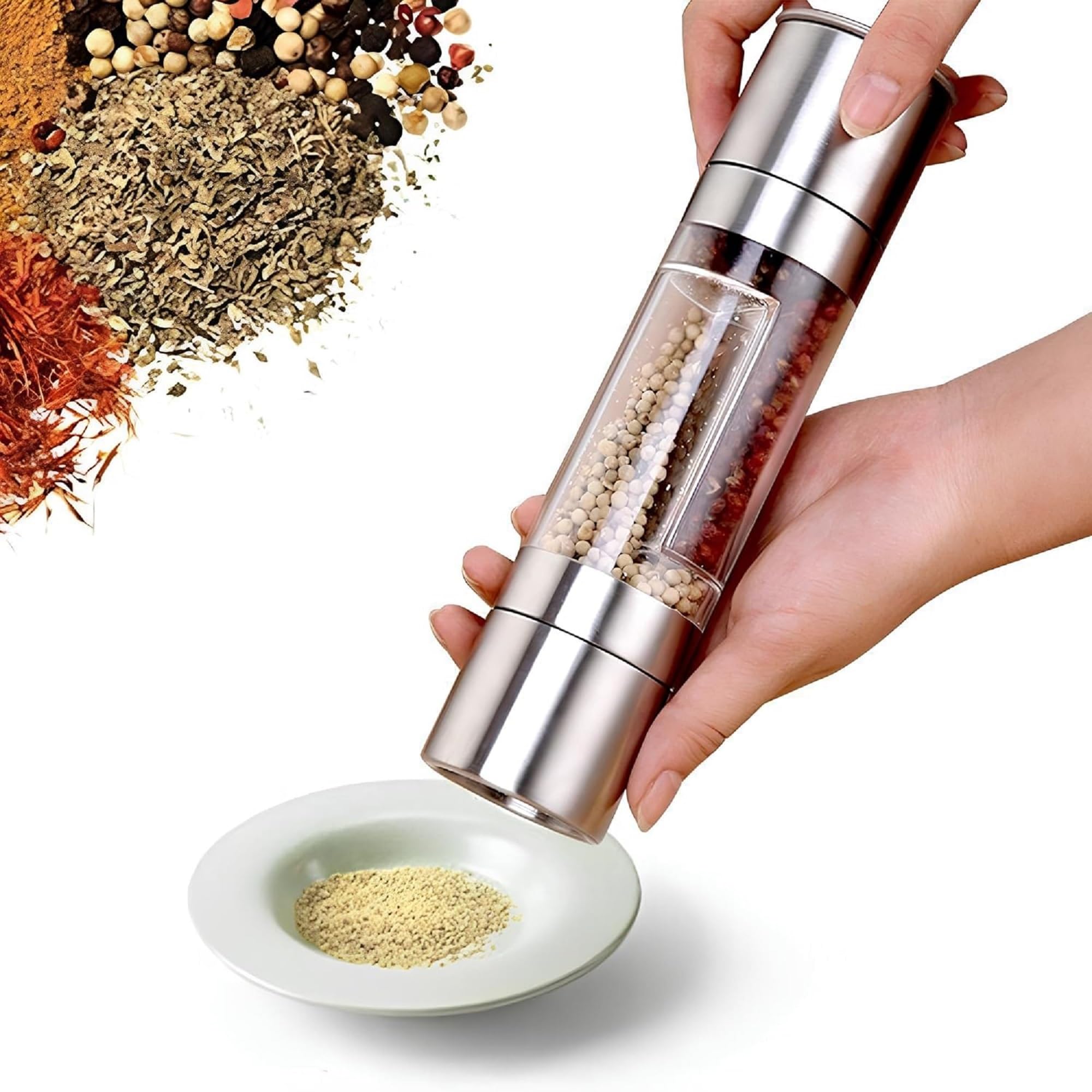 Salt & Pepper Grinder, Stainless Steel and Glass Body Dual Seasoning Mill with Separate Compartments, Refillable Spice Grinder for Salt, Pepper and Kitchen Cooking Use-image-6