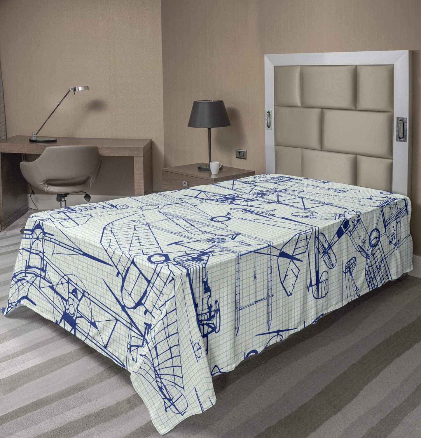 Ambesonne Airplane Flat Sheet, Old Airplane Drawings Classic Dated Flight Vintage Style Nostalgic Jets, Soft Comfortable Top Sheet Decorative Bedding 1 Piece, Twin Size, Violet Blue Turquoise