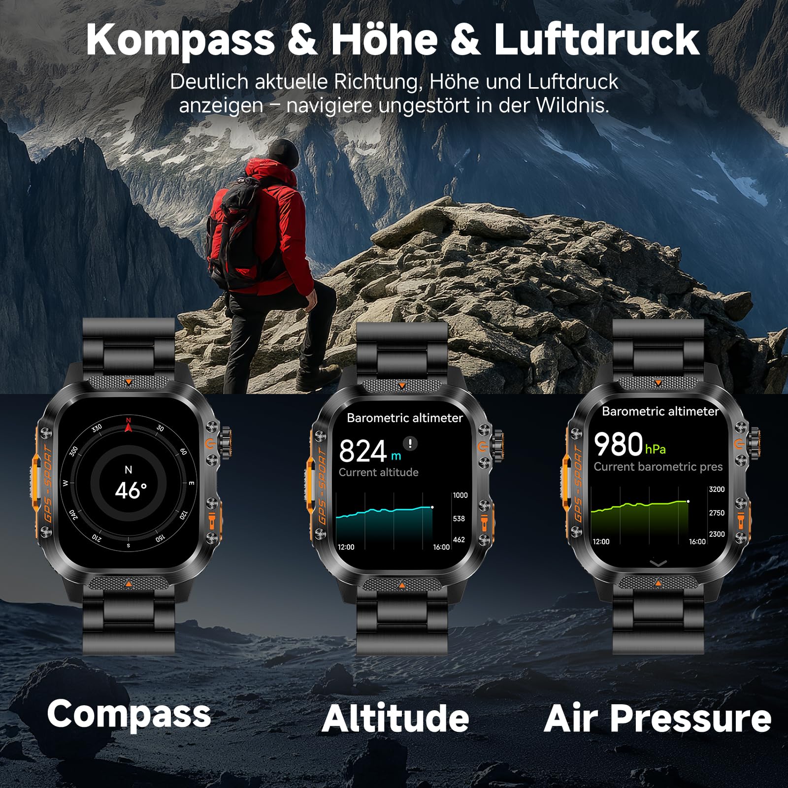 GPS Smartwatch Herren Schwarz Uhr Kompass Luftdruck Telefonfunktion Schlafmonitor Herzfrequenz Schrittzähler Sportuhr Militär Wasserdicht 2,01" Touchscreen 540mAh Akkulaufzeit (2 Uhrbänder)