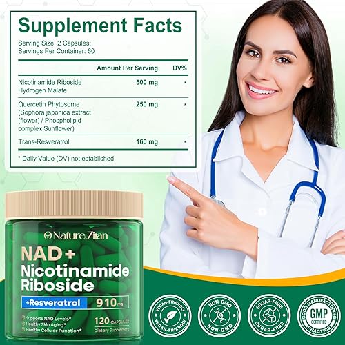 Miniatura 2 de Suplemento NAD, NAD nicotinamida ribósido 910 mg para hombres y mujeres, resveratrol liposomal de ribósido de nicotinamida, para antienvejecimiento,