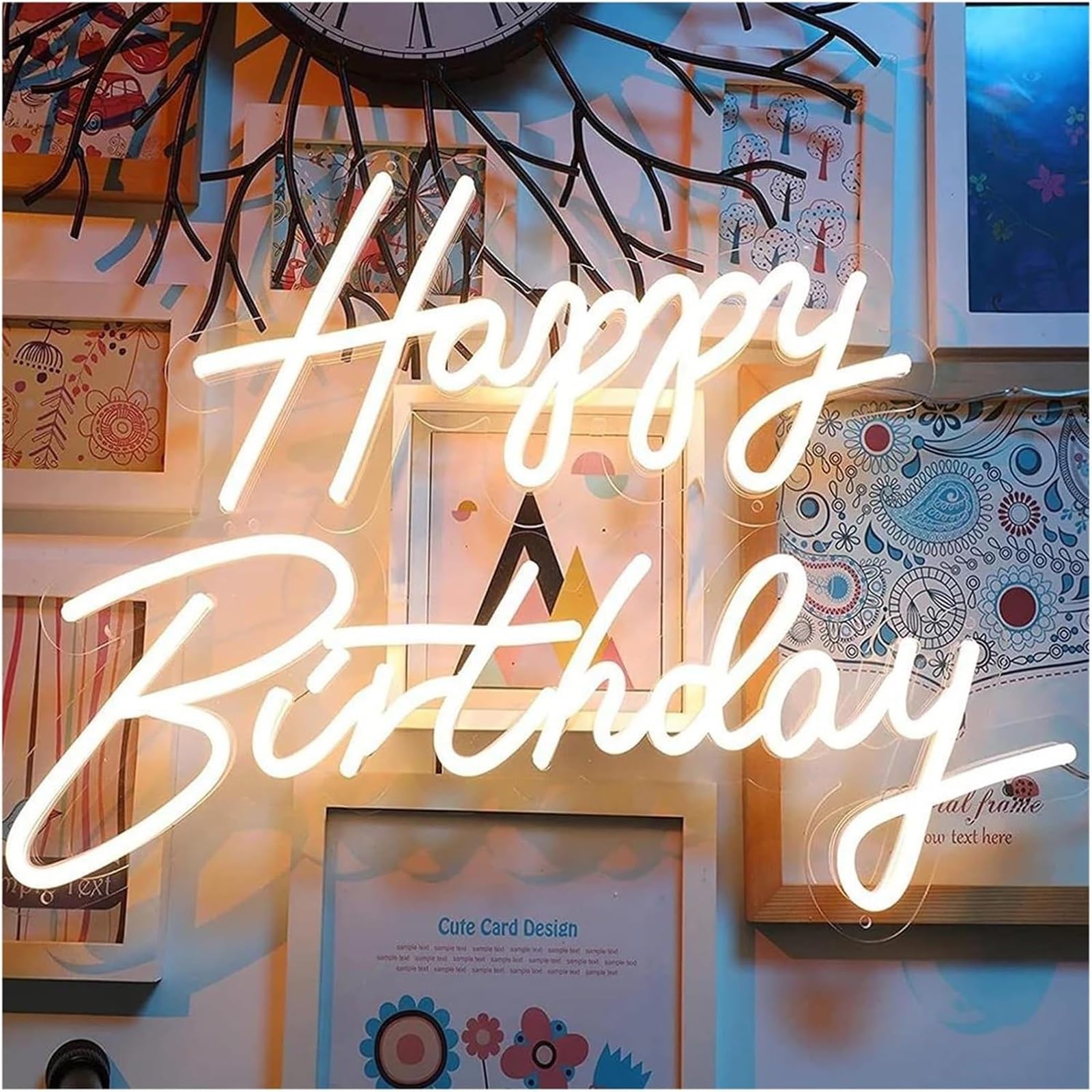 Regalo creativo per insegne al neon Lettere colorate per illuminazione interna, insegna al neon, buon compleanno per decorazione murale, pannello alimentato(Warm White)