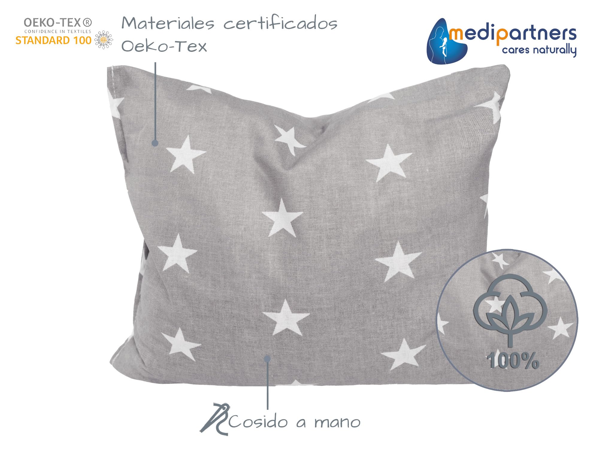 Medi Partners Saco de Semillas para Microondas 20x25cm Cojin 500g 100% Algodón Saquitos bolsa Semillas calor Microondas Almohadillas Saco Termico (Estrellas blancas sobre gris)