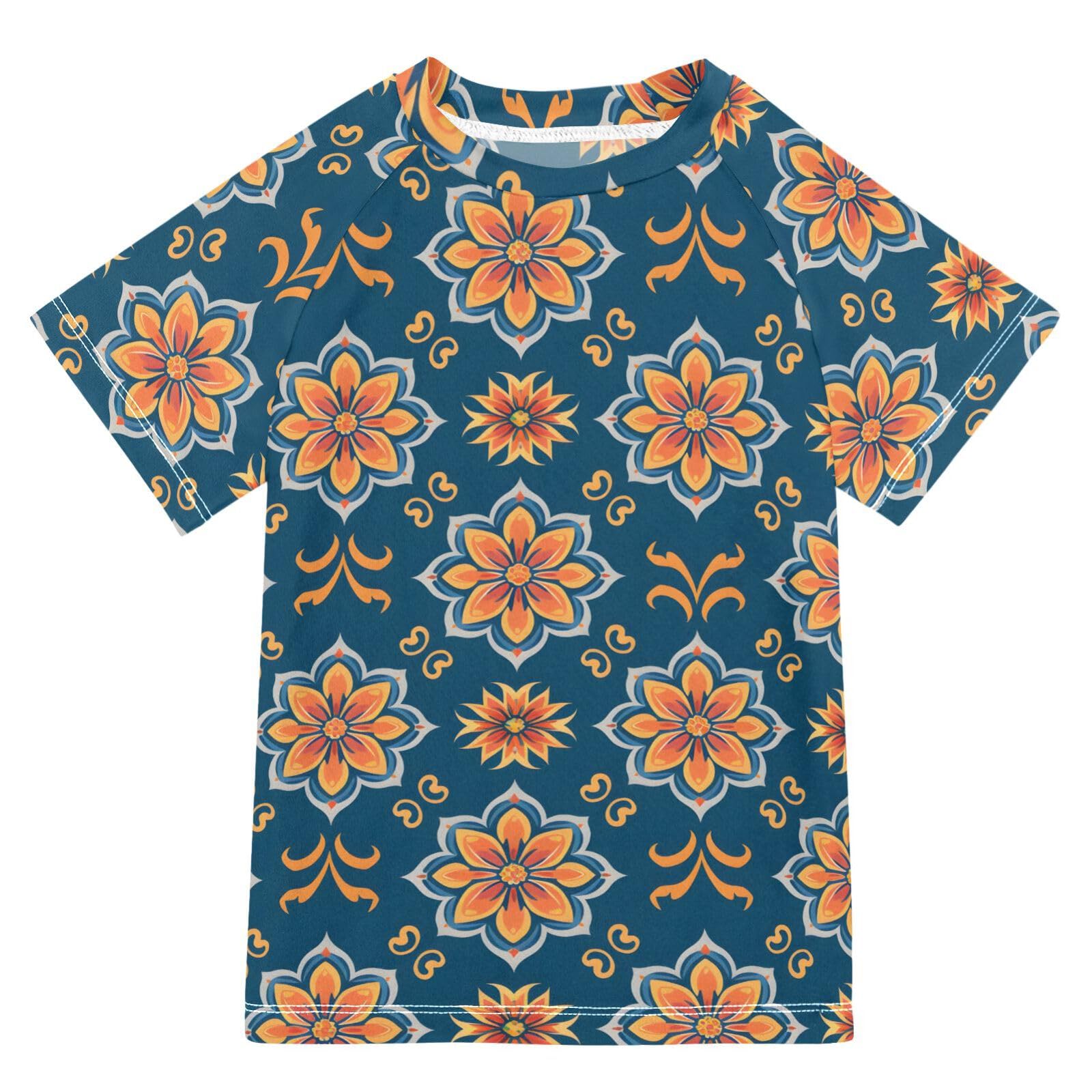 ALAZA Boys Swim Shirts Toddler Rash Guard Short Sleeve Rashguard European Floral Print UPF 50+ 11-12T