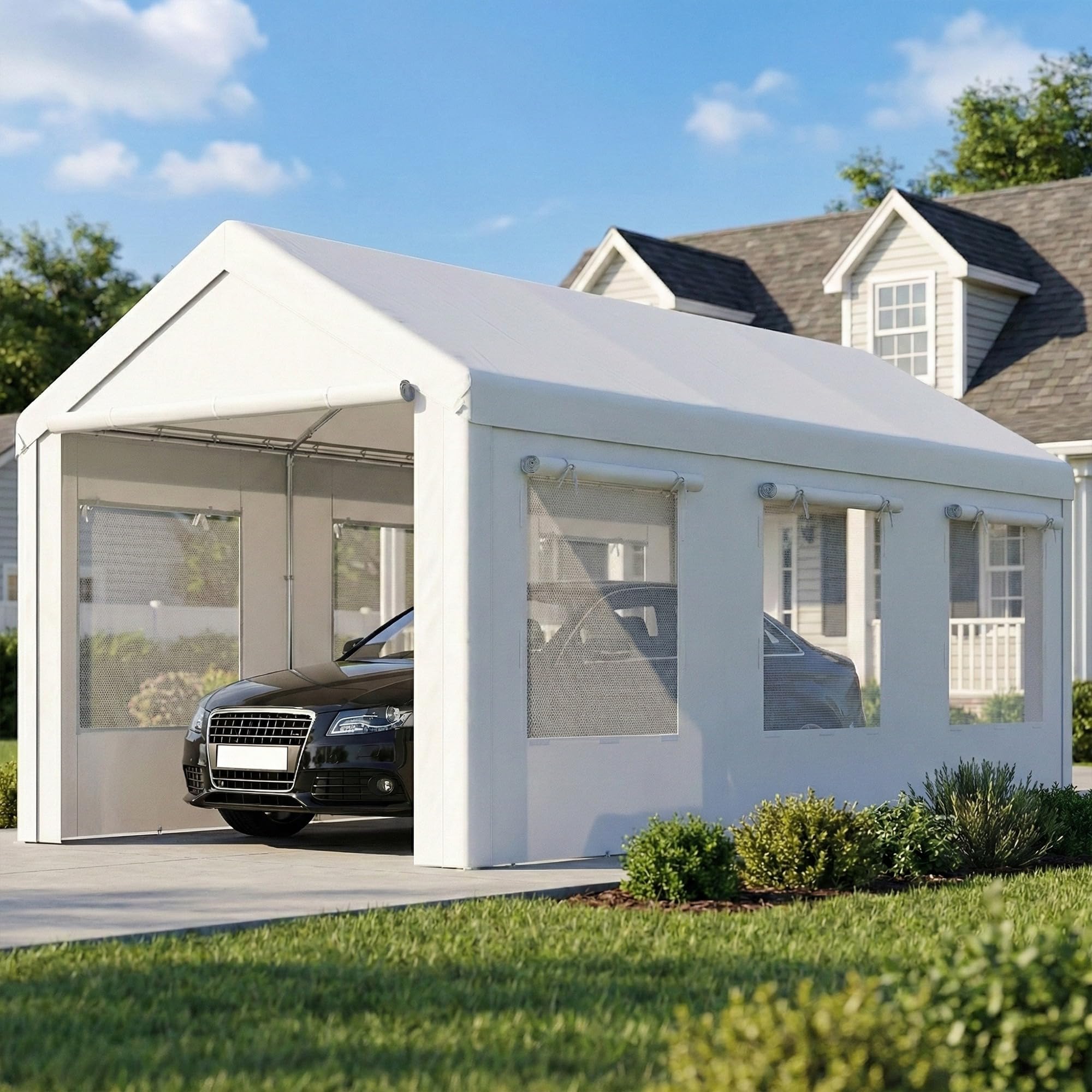 Outsunny Carpa Garaje Portátil 3x6 m para Coche Impermeable Blanco
