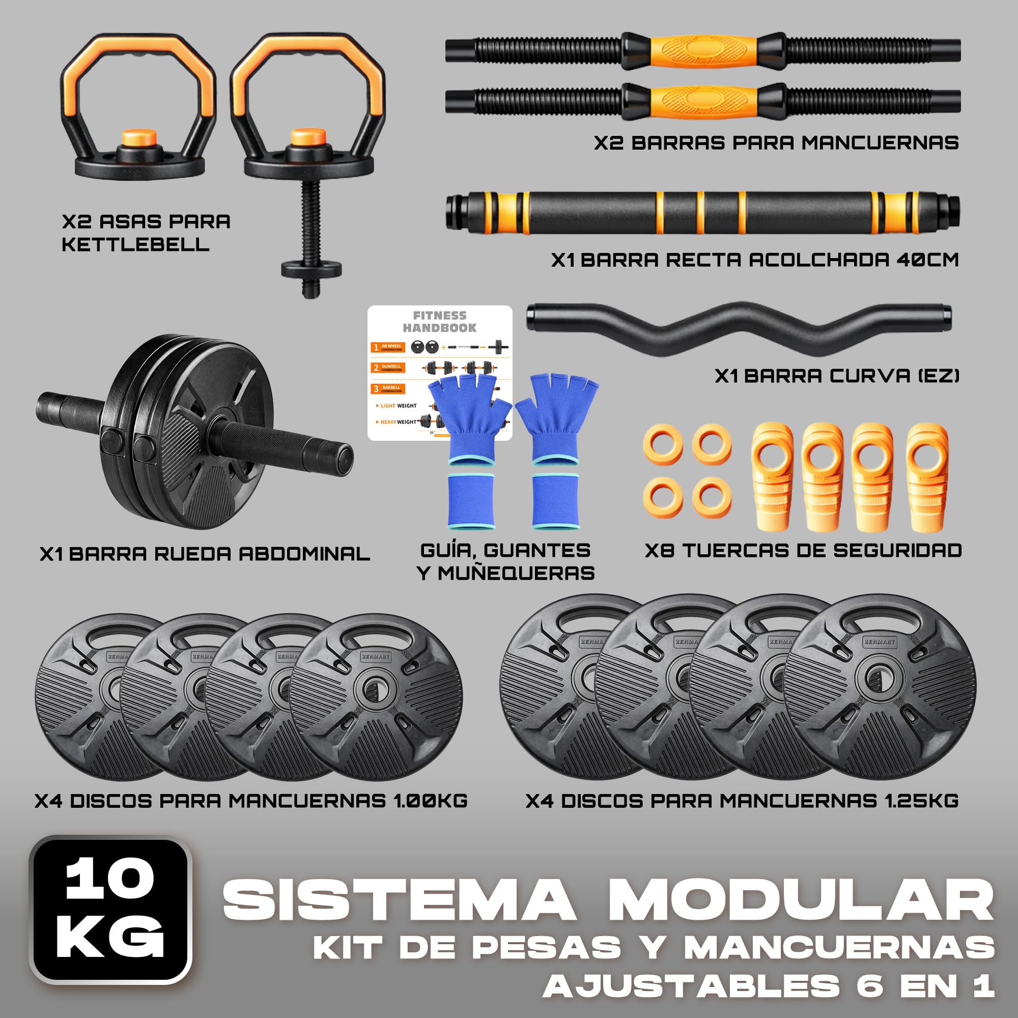 Juego de Pesas y Mancuernas Ajustables 6 en 1 – Kit Pesos Fitness Completo con Barra Curva y Rueda Abdominal – 10kg 20 kg