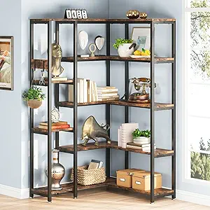 TIYASE 5-Shelf Corner Bookshelf, Modern Large Corner Etagere Bookcase, 5-Tier Tall Corner Shelf Display Storage Rack with Metal Frame for Living Room Home Office, Rustic Brown