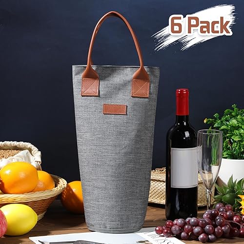 Miniatura 7 de Paquete de 6 bolsas de vino aisladas para una sola botella, enfriador acolchado portátil gris para viajes, picnic, cena, boda y regalos