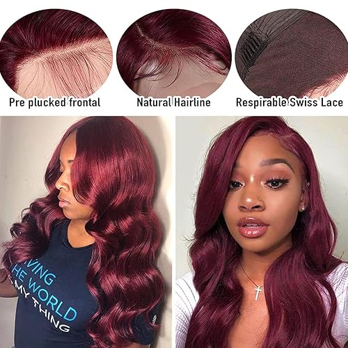 Miniatura 6 de Aaliweya Pelucas de cabello humano con encaje frontal color borgoña 99j de 34 pulgadas, 13x4, sin pegamento, color rojo vino, pelucas con encaje