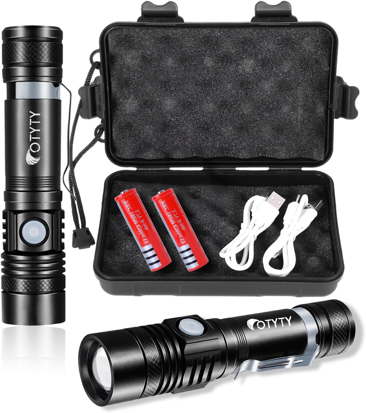 OTYTY USB Rechargeable LED Flashlight, Super Bright High Powered 1000 Lumen Tactical Flashlights Torch with 3 Modes, Pocket Clip, 18650 Battery and USB Cable For Camping Hiking (2 Pack).