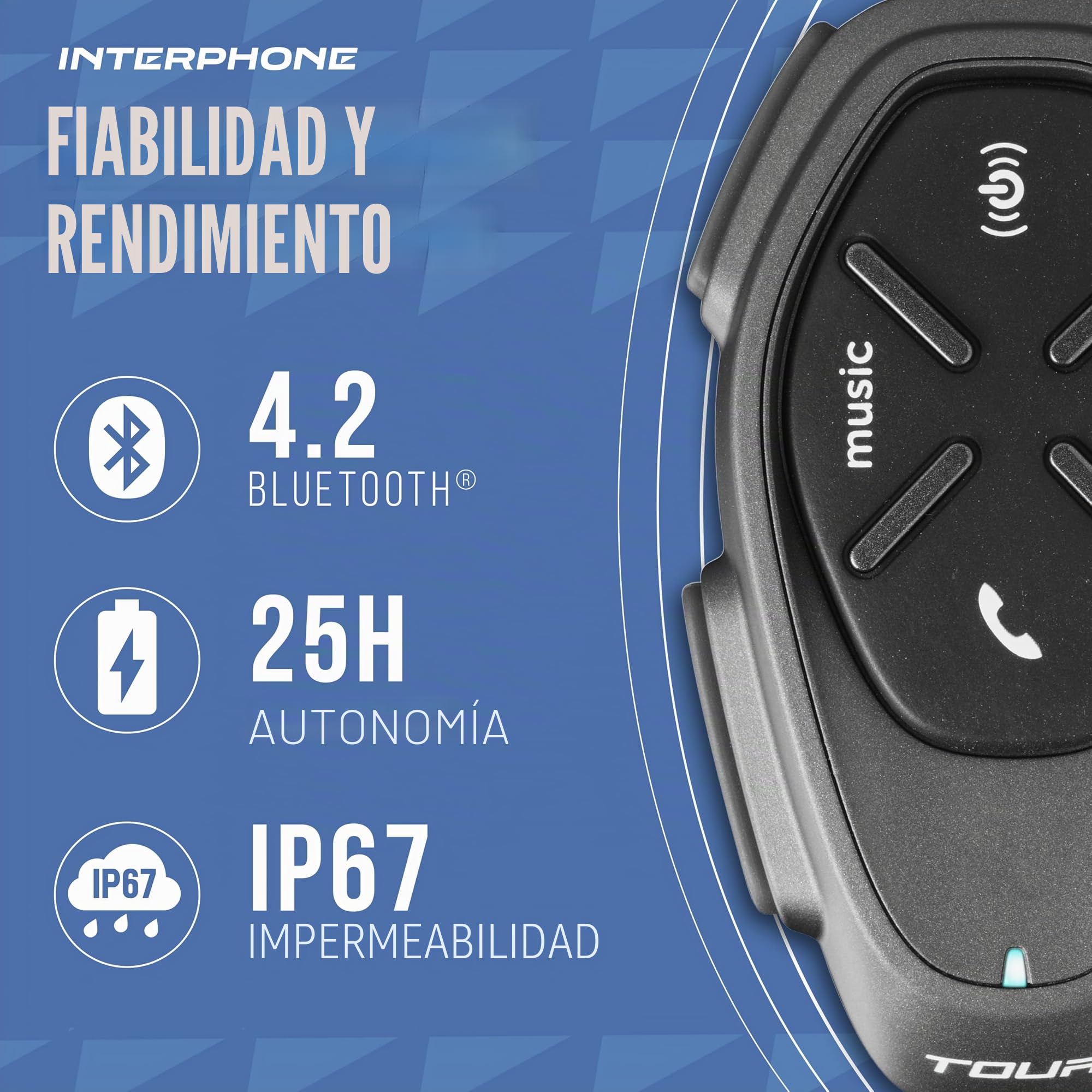 INTERPHONE Tour - Soltero - Bluetooth Motorcycle Intercom, hasta 4 Motociclistas, Distancia de 1.5 km, autonomía de 25 Horas, Carga rápida, Radio, mp3, GPS, Impermeable, Universal.