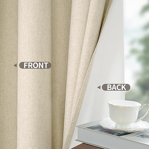 Miniatura 6 de YoungsTex Cortinas opacas 100% de lino de 84 pulgadas de largo para dormitorio rural, cortinas con aislamiento térmico beige con ojales,