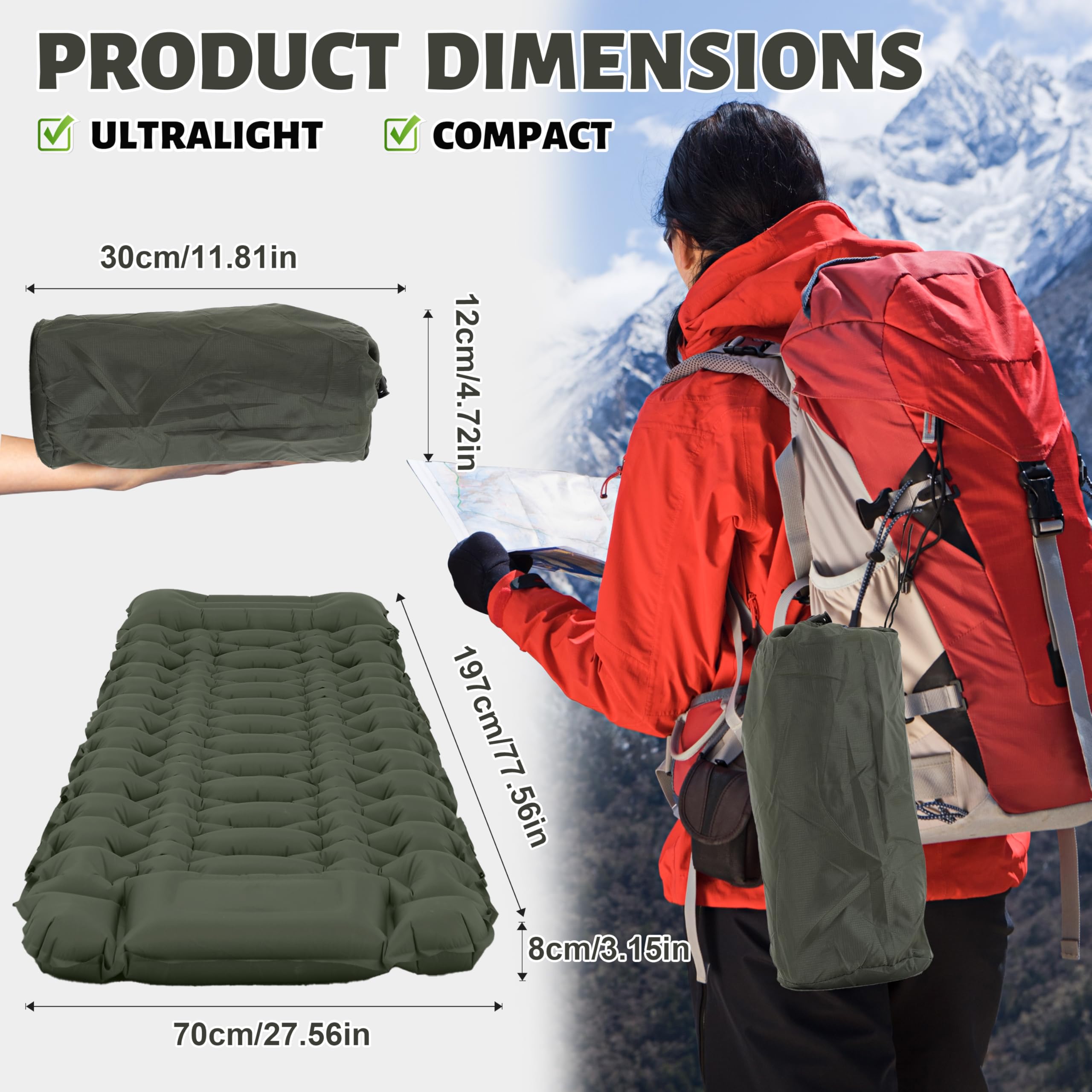 Materassino autogonfiabile, da campeggio, ultraleggero, gonfiabile, con pompa a pressione e cuscino, impermeabile, per escursioni, tenda, spiaggia (verde)