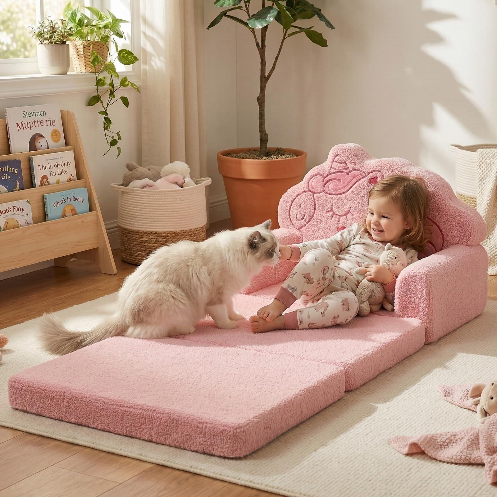 TinyPalsa Kids Couch, 2-in-1 Fold Out Comfy Chair, Large, Pink Unicorn