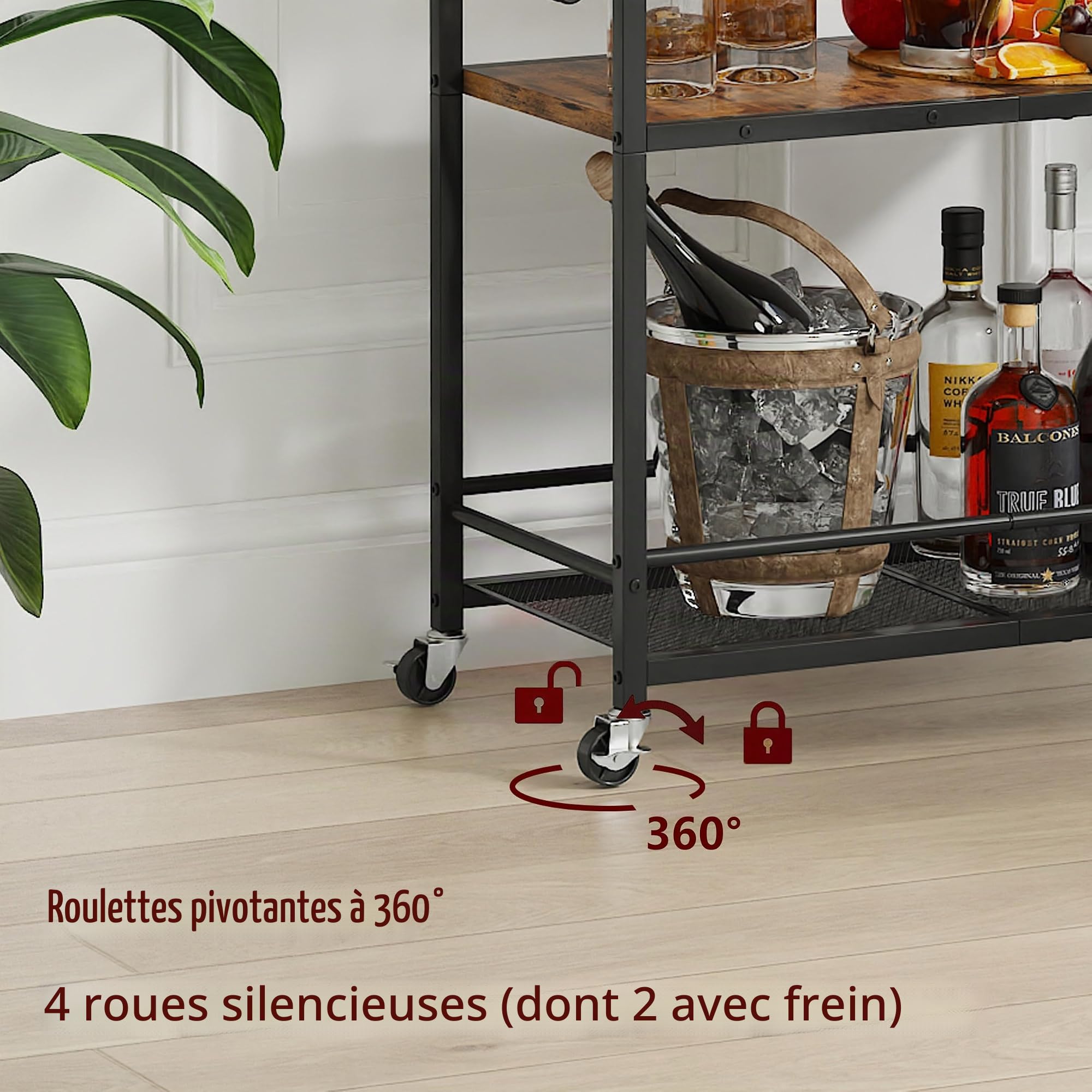 Chariot de Bar Desserte pour Boissons Chariot de Service à 3 Niveaux sur roulettes Chariot de Cuisine Roulant pour La Fête à la Maison Brun Rustique GBC507RDE