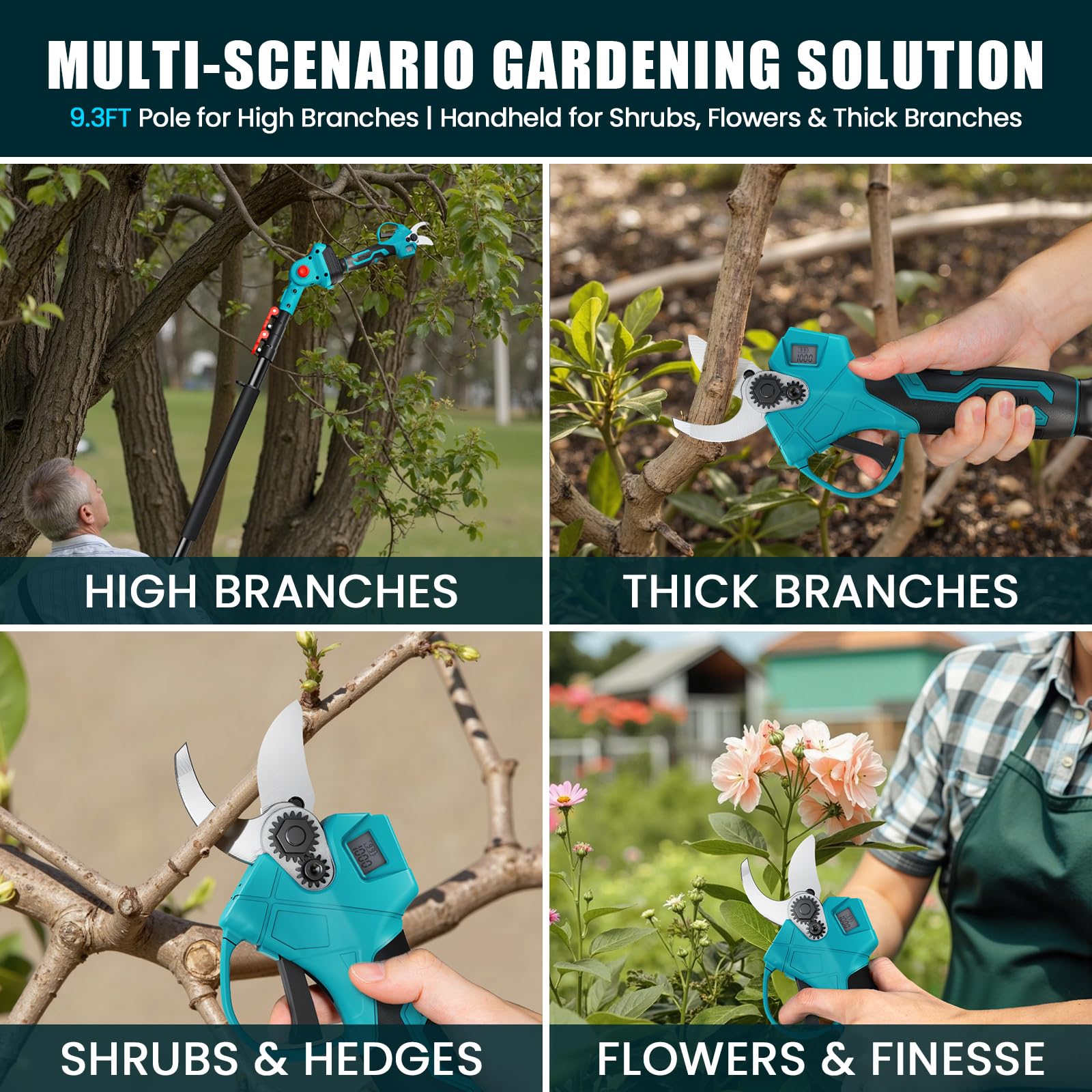 Anbull 2-in-1 Akku Astschere Teleskop - Bis Zu 4.6m Reichweite Elektrische Gartenschere mit Teleskopstange, 500W Bürstenloser Motor, 2 * 4000mAh Akkus, LCD Display für Baum, Strauch & Blumenpflege