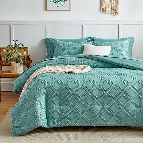 Juego de edredón de 7 piezas copetudo en una bolsa, tamaño Queen, con sábanas verdes, suave y bordado, estilo Shabby Chic Boho Bohemian, color