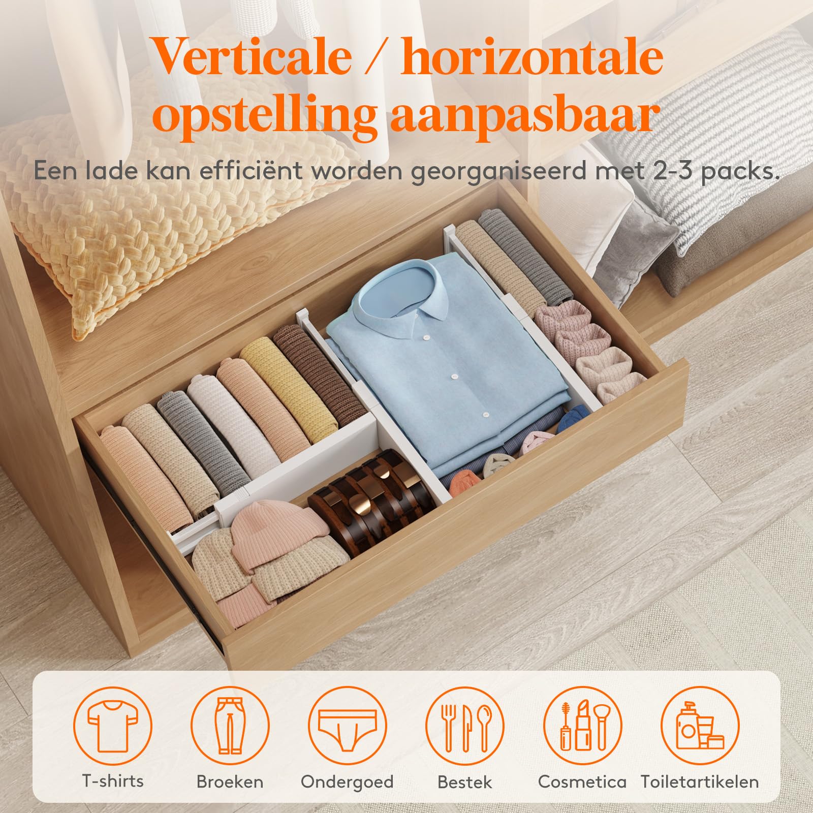 Lifewit Set van 4 Verstelbare Ladeverdelers 10cm Hoog en 34,3-55,9 cm Lang, Lade-Indeler, Kunststof Ladeverdeler met 8 Inzetstukken voor Kleding, Make-up, Kaptafel, Keuken