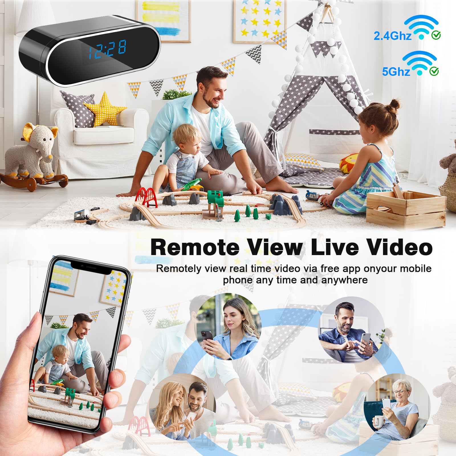 Cámara espía WiFi 5G, Minicámara Oculta Inalámbrica 1080P HD, Microcámara Espía de 120° en Forma de Despertador Detección de Movimiento＆Visión Nocturna Cámara de Vigilancia