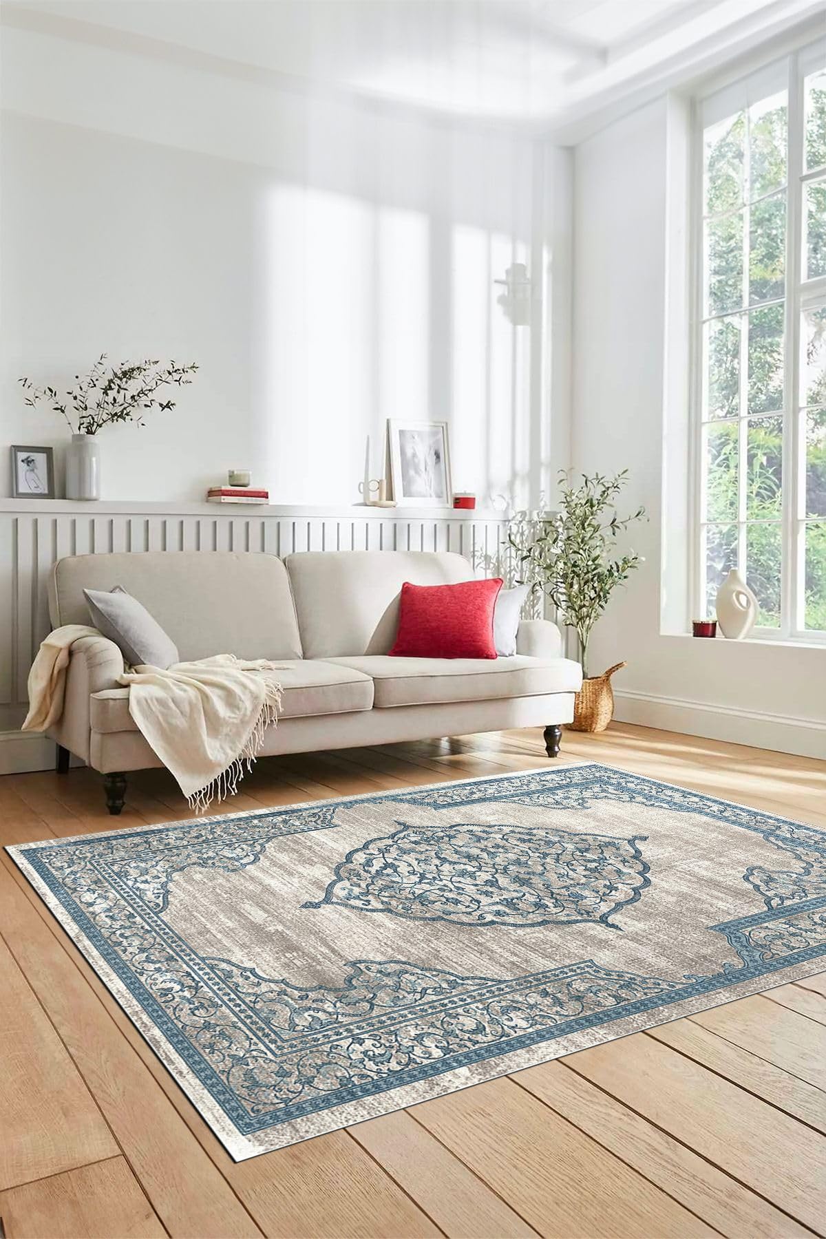 Evdeya Zarif Klasik Desen Dijital Kaymaz Taban Yıkanabilir Yolluk Mutfak Salon Halısı KLASİK-14, Mavi, 100 x 200