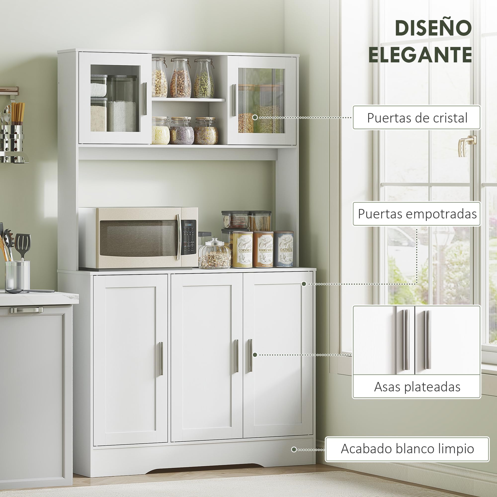 HOMCOM Alacena de Cocina, Mueble Auxiliar de Cocina con 2 Puertas de Vidrio, Encimera Amplia para Microondas, Compartimentos Abiertos, Estantes Ajustables, 108x35x180 cm, Blanco