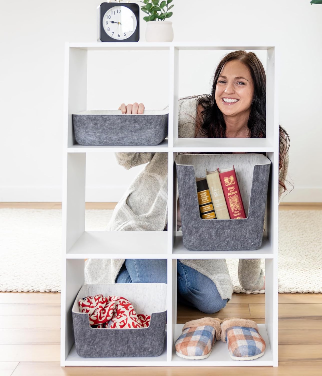 Three by Three Seattle felt·like·it!™ Medium Cubby Storage Bin Set of 2 with Dividers – Eco-Friendly Recycled Felt Bins for Home & Office Organization, Charcoal