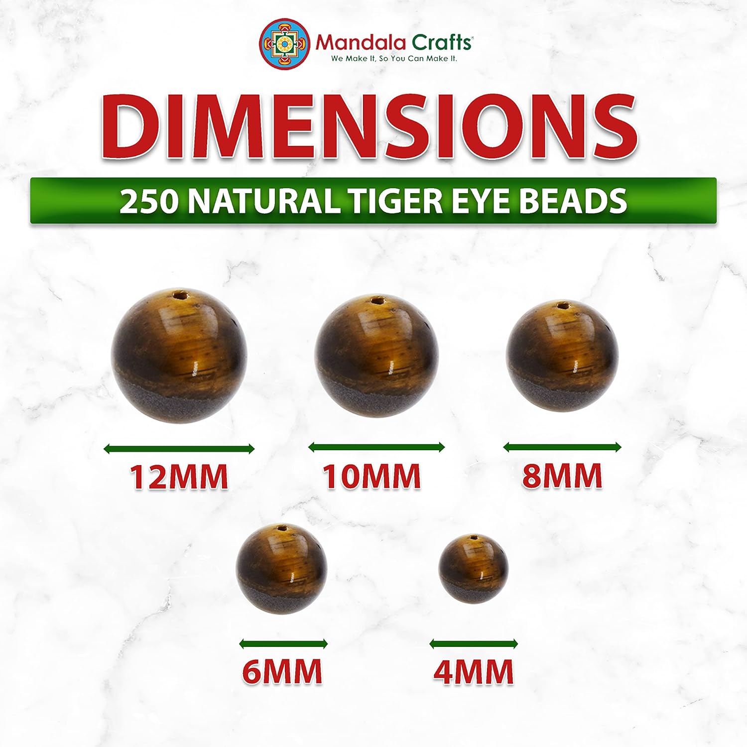 Mandala Crafts Round Natural Tiger Eye Beads for Jewelry Making - Loose Yellow Tigers Eye Stone - 4mm 6mm 8mm 10mm 12mm Tiger Eye Gemstone for Bracelet Necklace Beading 250 PCs