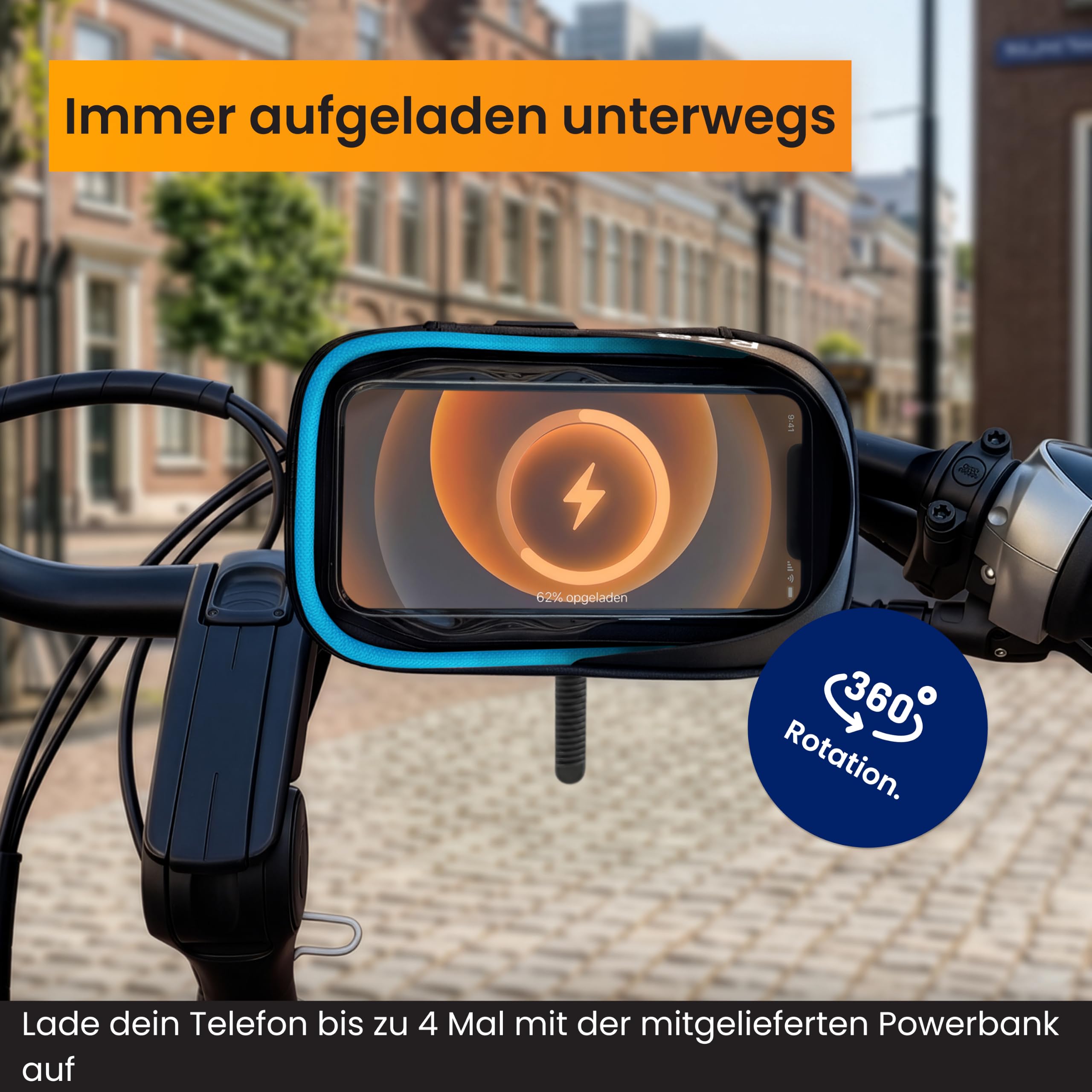 R2B Wasserdichte Handyhalterung Fahrrad mit Powerbank passend für Magsafe - Mit Zusätzlichem Staufach, Telefonhalter für Mountainbikes, Motorrad und Kinderwagen, 360-Grad-Rotationsfunktion, Einfache