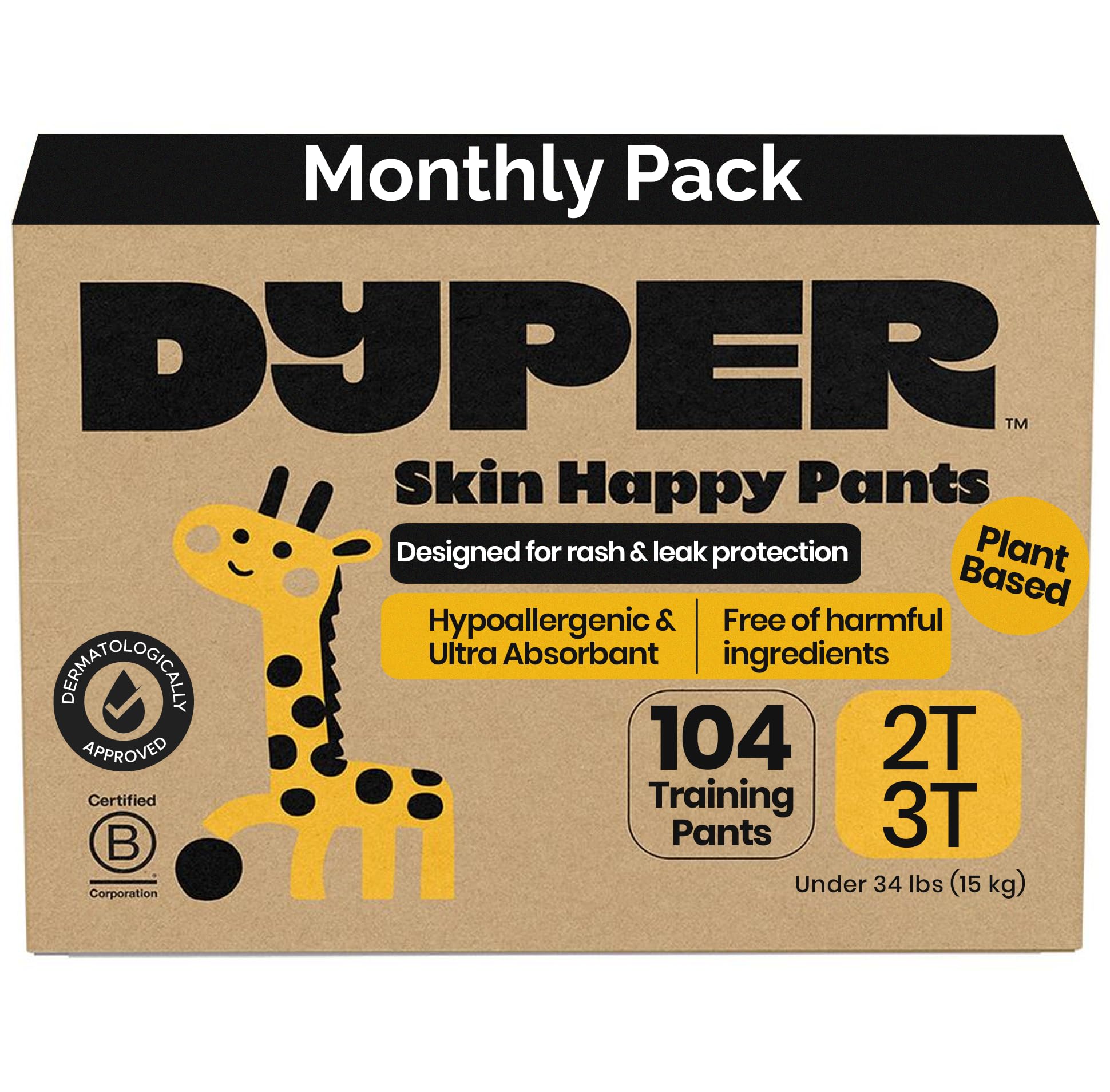 DYPER Toddler Training Pants 2T-3T for Boys & Girls Hypoallergenic, Unscented, Plant-Based & Perfect for Sensitive Skin, Leakproof Potty Training Pants for Day & Overnight Protection