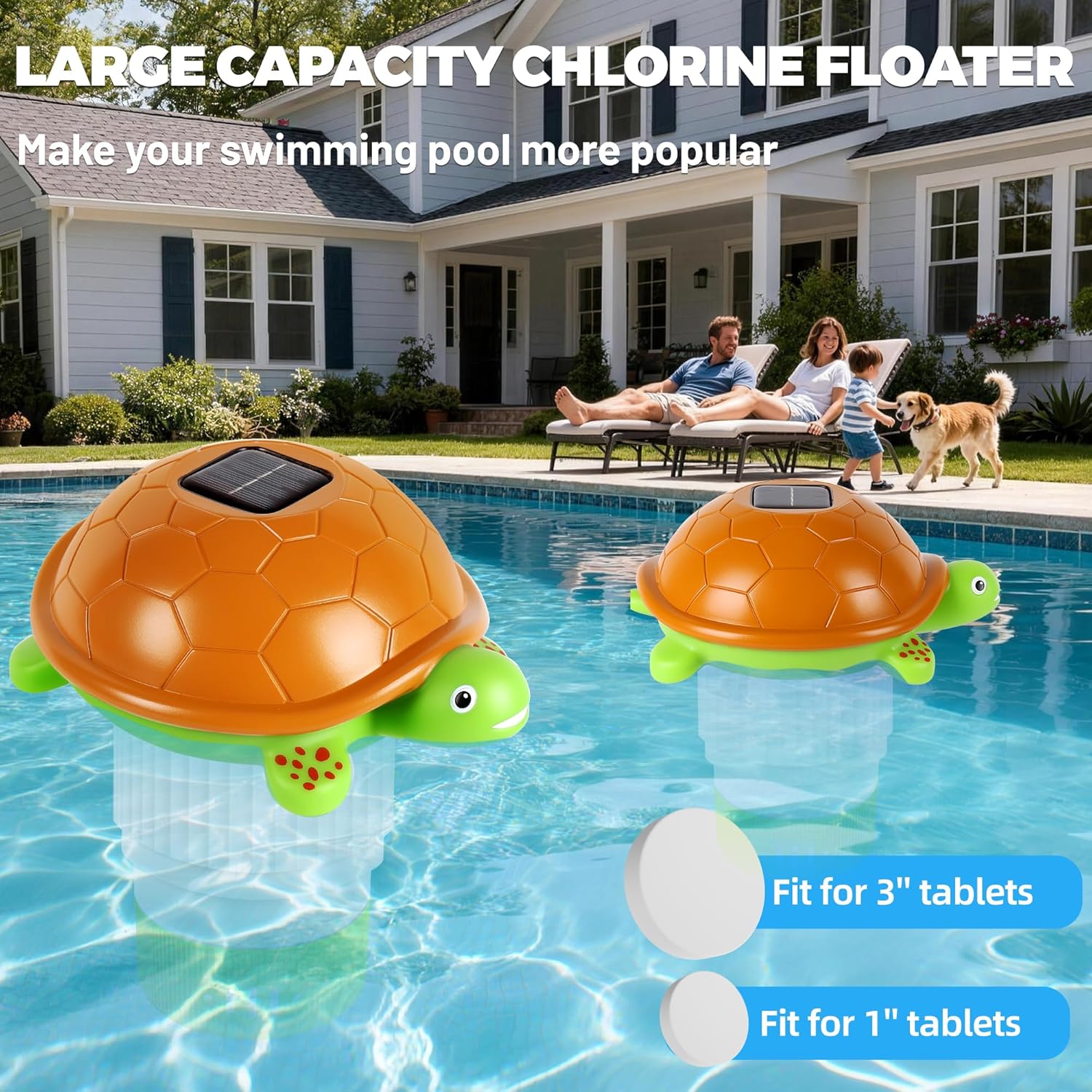 Pool Chlorine Floater with Light, Turtle Solar Chlorines Floaters with Adjustable Release, Chlorine Floater for 4 * 3'' Disks, Easy Opening Floating Pool chlorines Dispenser for Swimming Pool