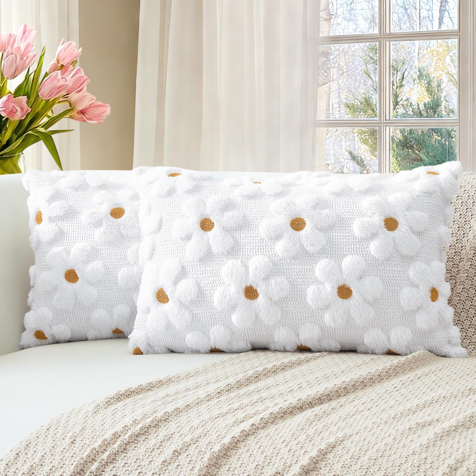 Artscope Spring Summer Daisy Cushion Covers Set of 2 Flowers Throw Pillow Covers for Sofa 30x50cm Lumbar Seasonal Soft Plush Short Wool Velvet Cushion Case Holiday Decor White